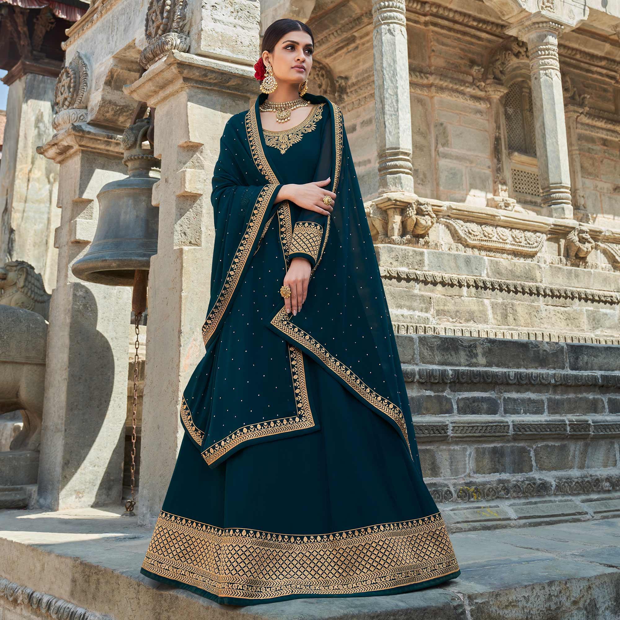 Teal Embroidered Georgette Party Wear Gown - Peachmode