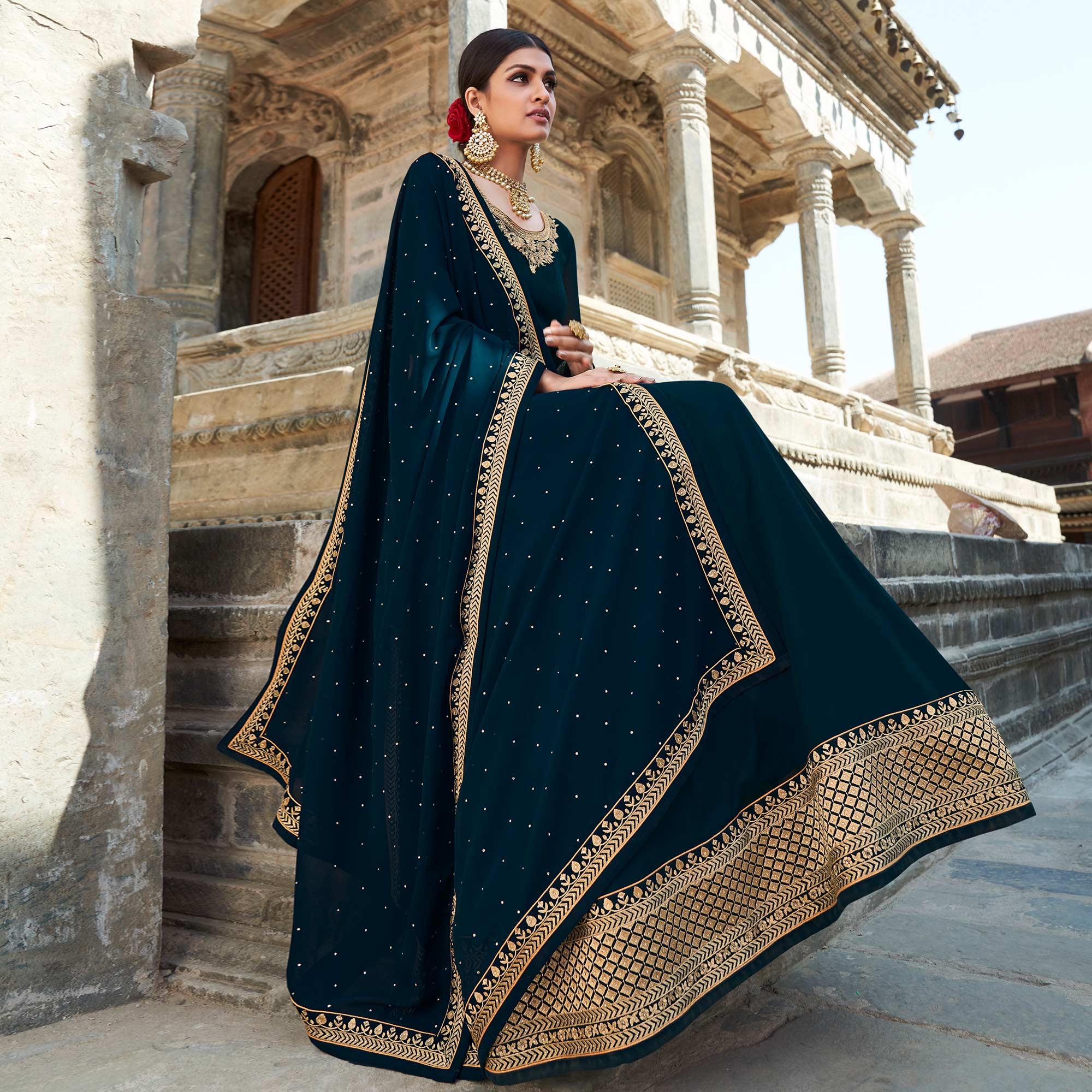 Teal Embroidered Georgette Party Wear Gown - Peachmode