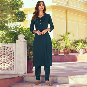 Teal Embroidered Viscose Kurti Pant Set - Peachmode