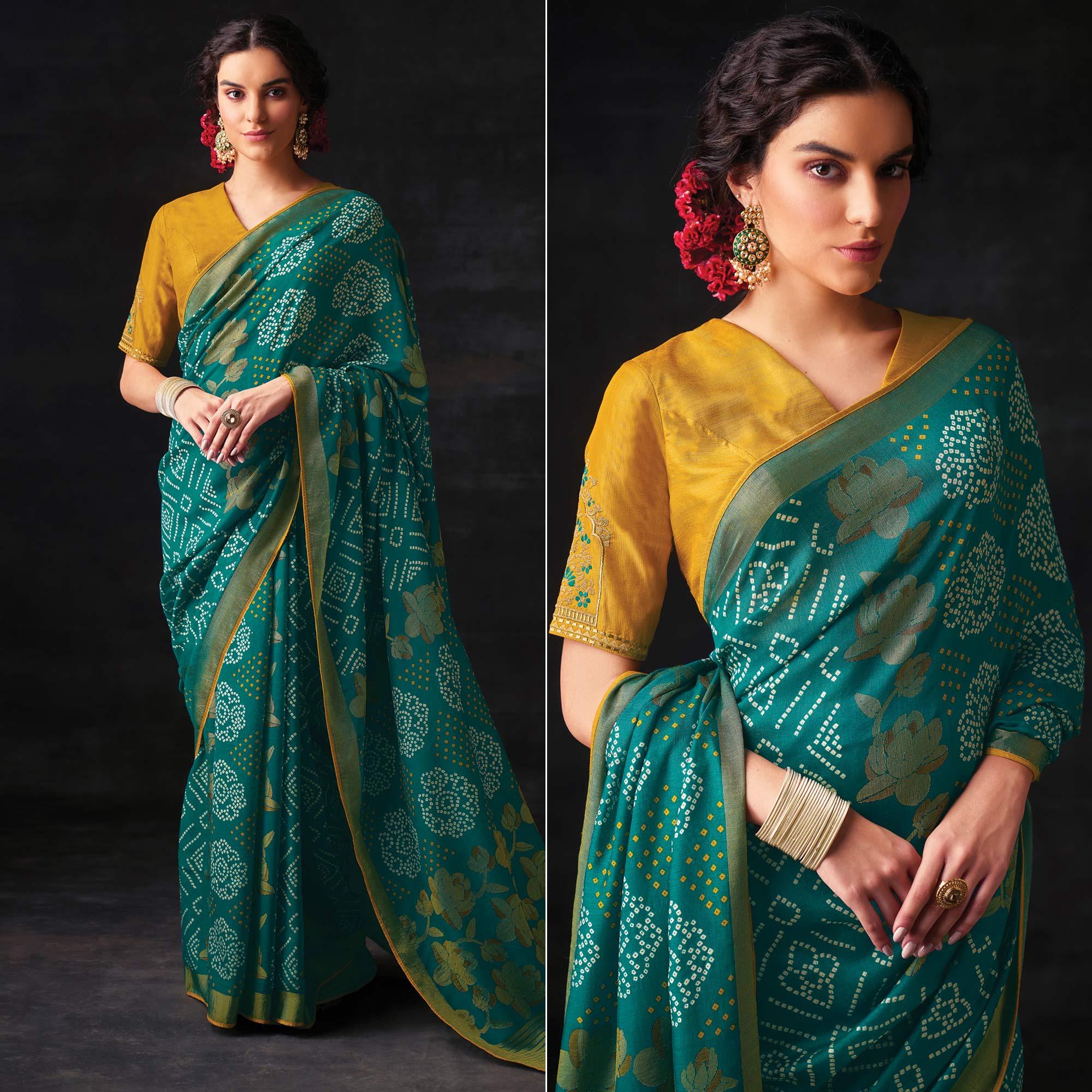 Teal Green Bandhani Printed Brasso Saree - Peachmode
