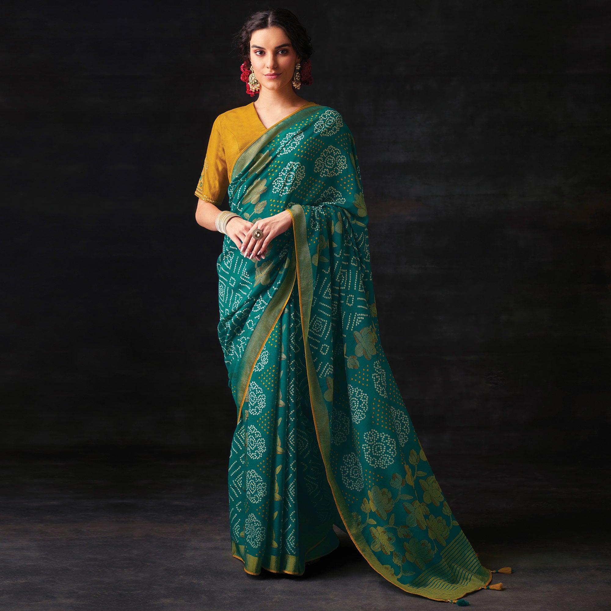 Teal Green Bandhani Printed Brasso Saree - Peachmode