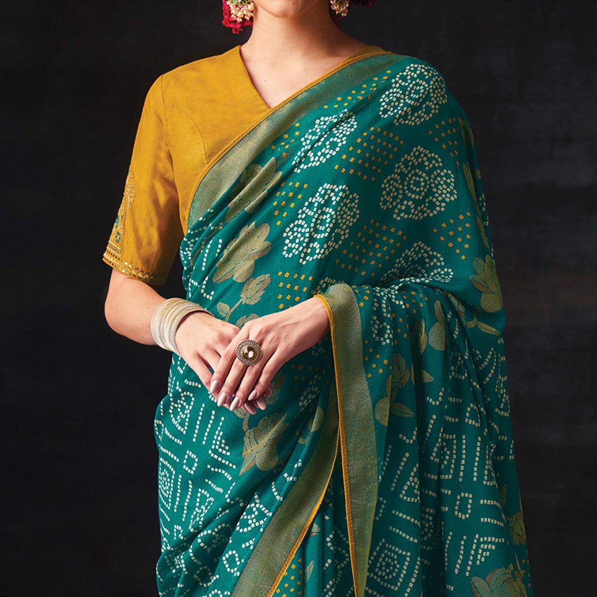 Teal Green Bandhani Printed Brasso Saree - Peachmode