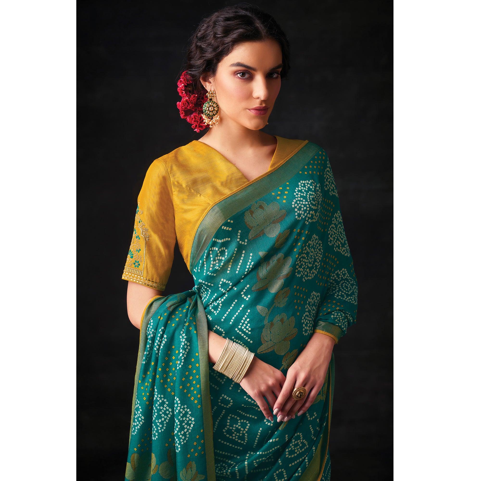 Teal Green Bandhani Printed Brasso Saree - Peachmode