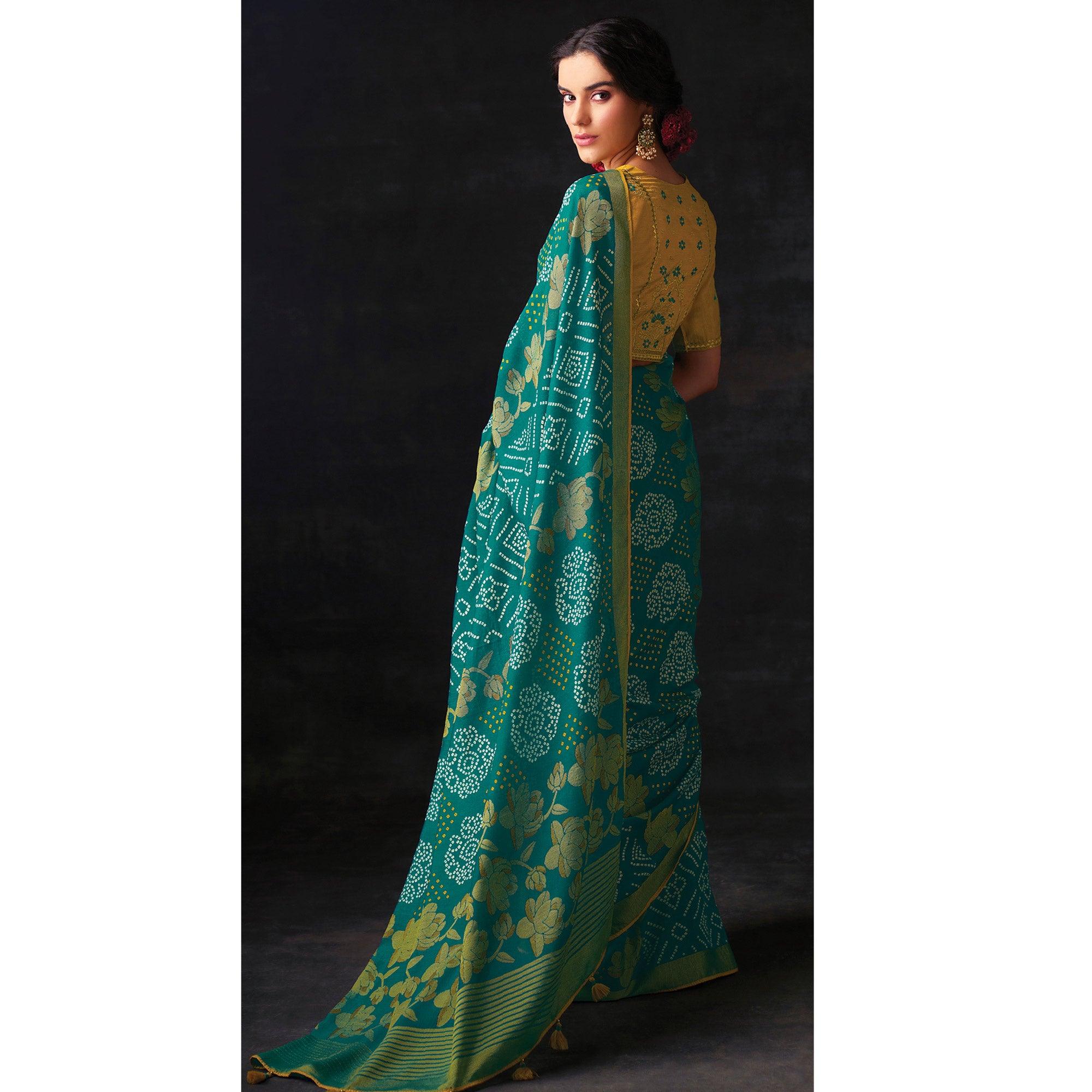 Teal Green Bandhani Printed Brasso Saree - Peachmode