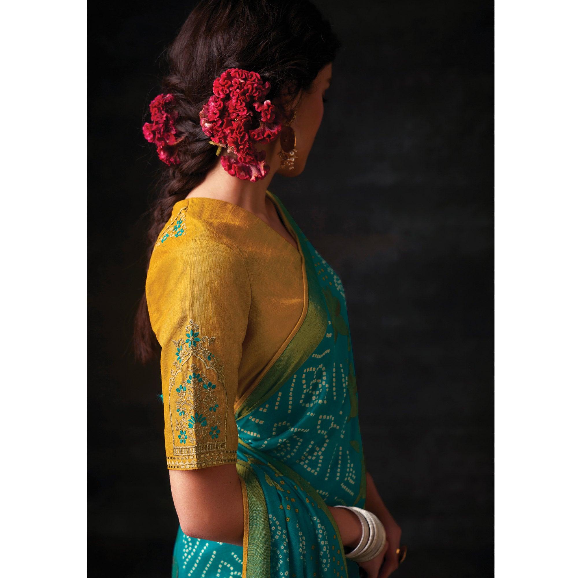 Teal Green Bandhani Printed Brasso Saree - Peachmode