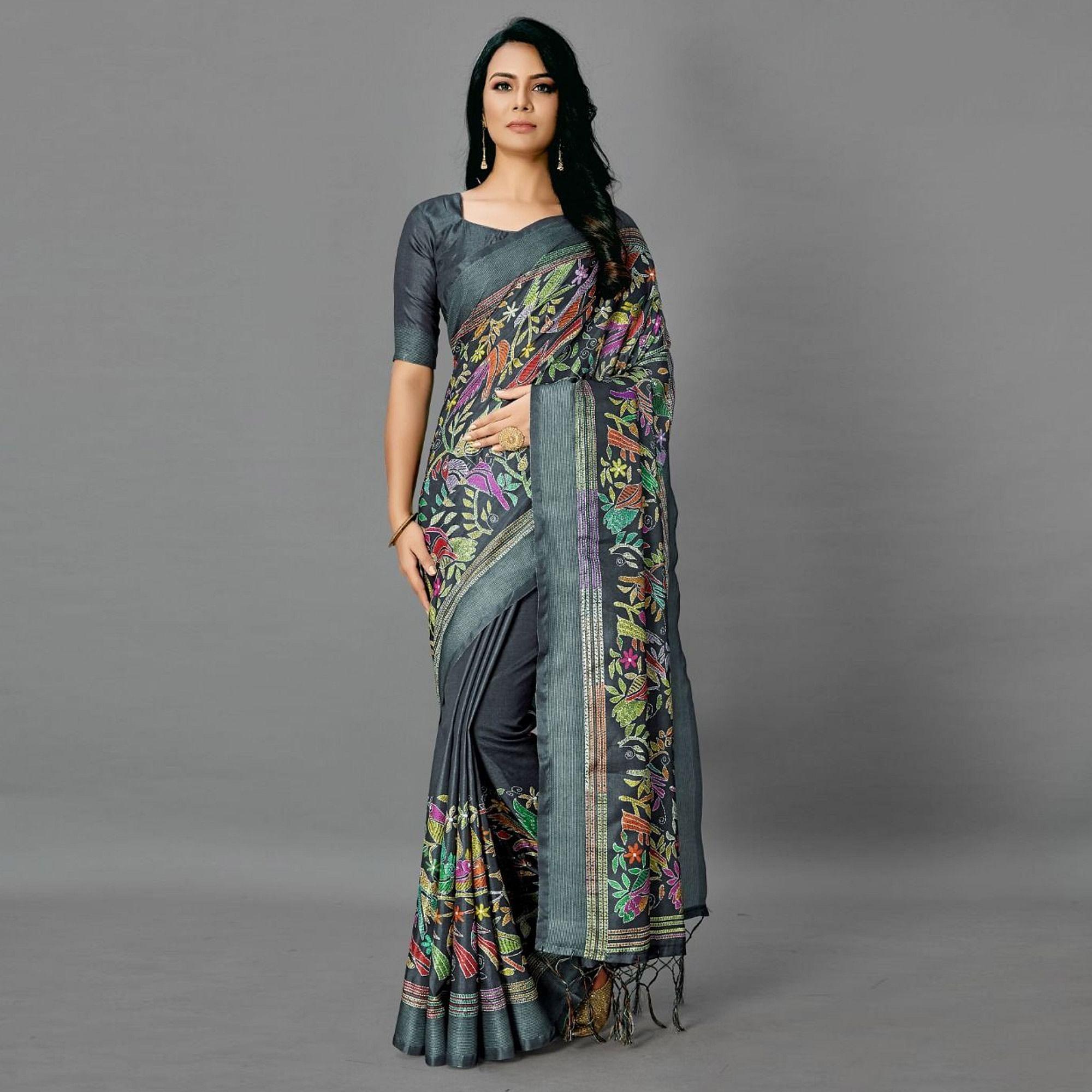 Teal Green Casual Art Silk Printed Saree With Unstitched Blouse - Peachmode