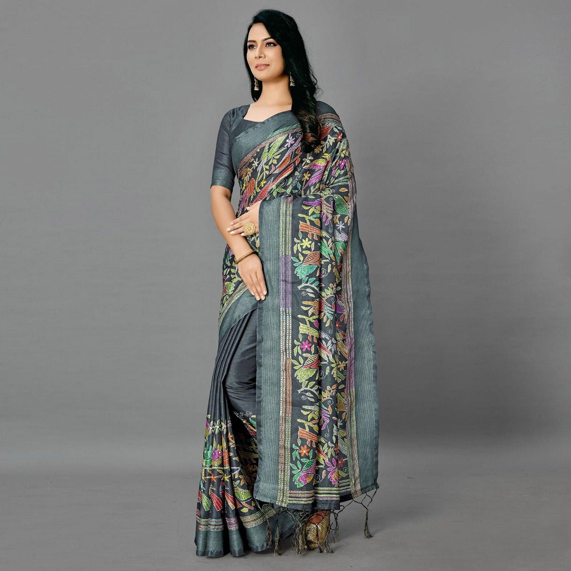Teal Green Casual Art Silk Printed Saree With Unstitched Blouse - Peachmode