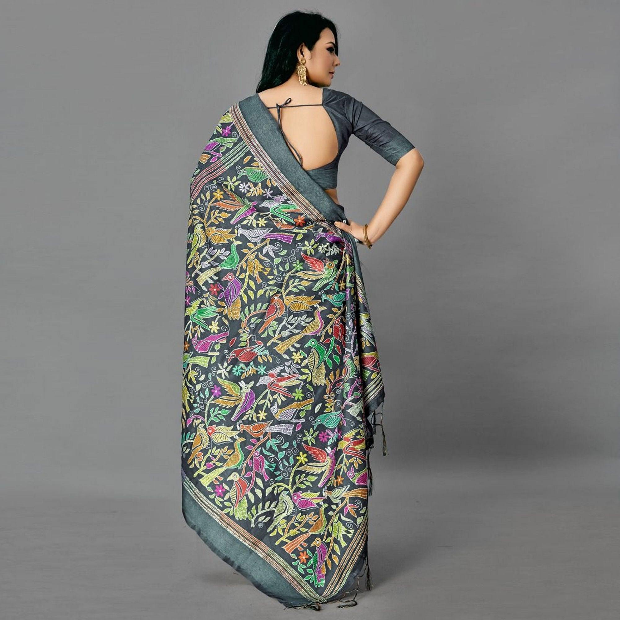 Teal Green Casual Art Silk Printed Saree With Unstitched Blouse - Peachmode