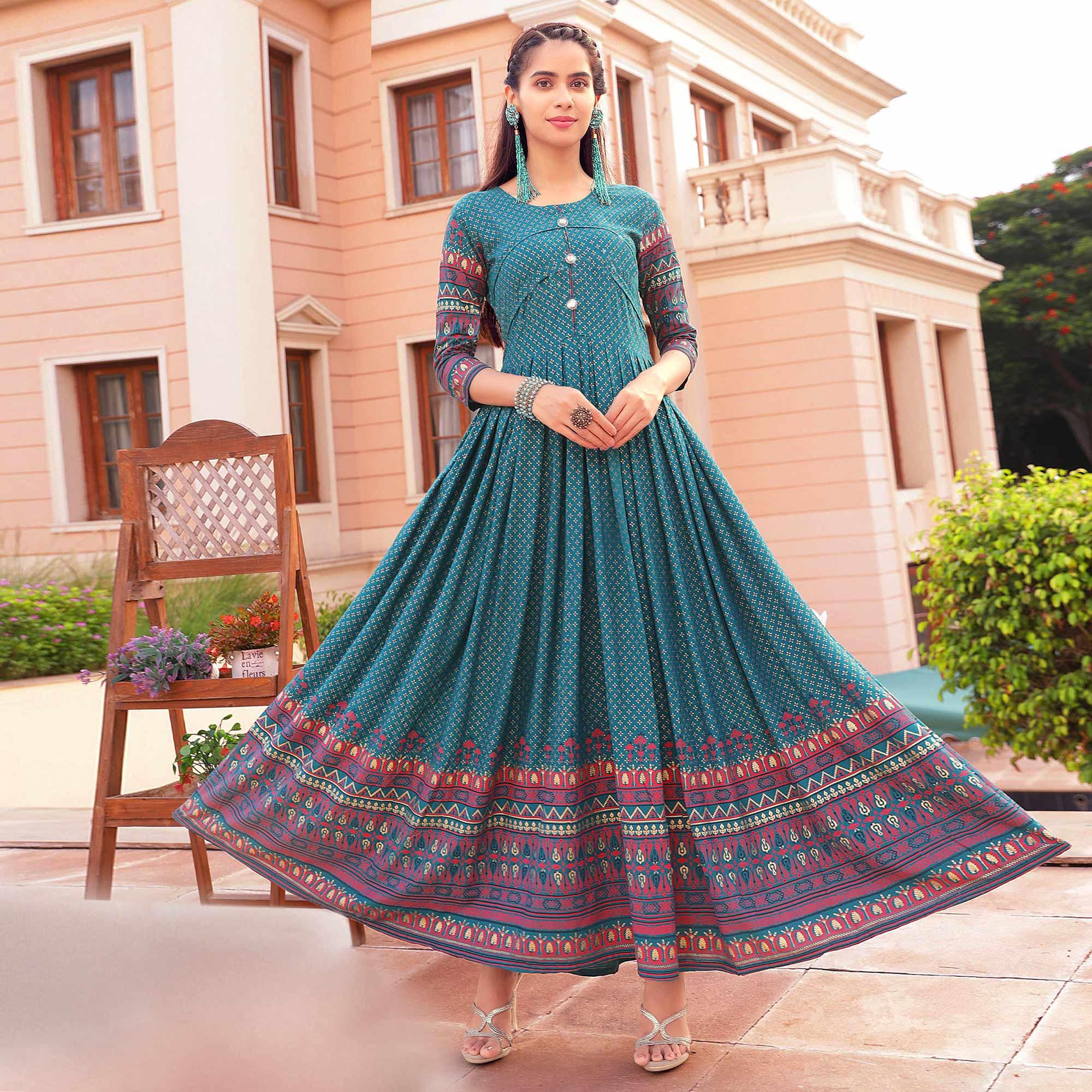 Teal Green Casual Wear Floral Printed Heavy Rayon Gown - Peachmode