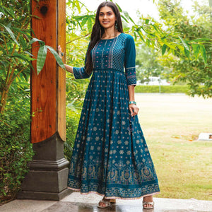 Teal Green Casual Wear Floral Printed Heavy Silk Long Kurti - Peachmode