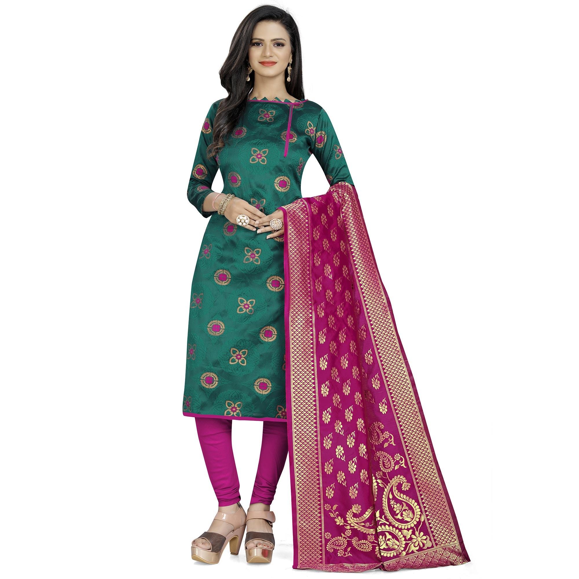 Teal Green Colored Party Wear Woven Banarasi Silk Dress Material - Peachmode