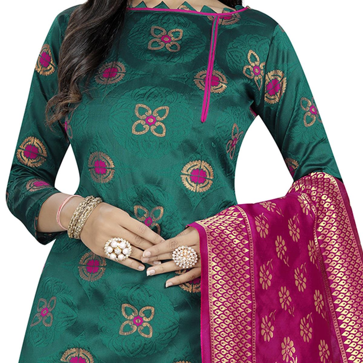 Teal Green Colored Party Wear Woven Banarasi Silk Dress Material - Peachmode