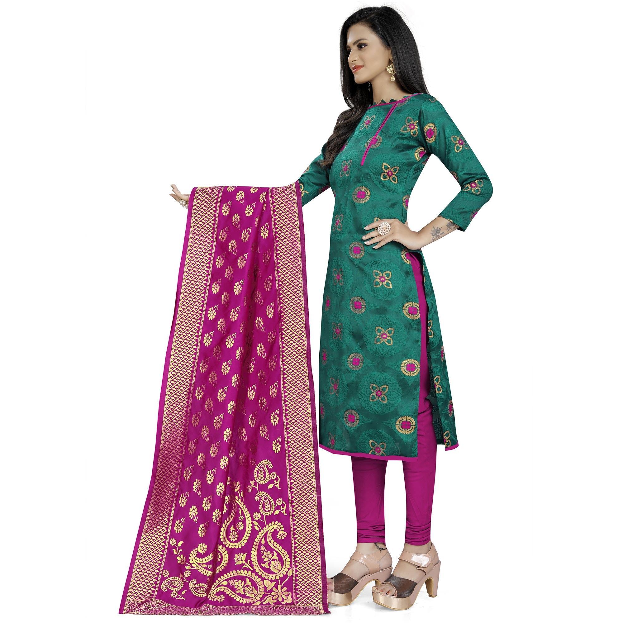 Teal Green Colored Party Wear Woven Banarasi Silk Dress Material - Peachmode