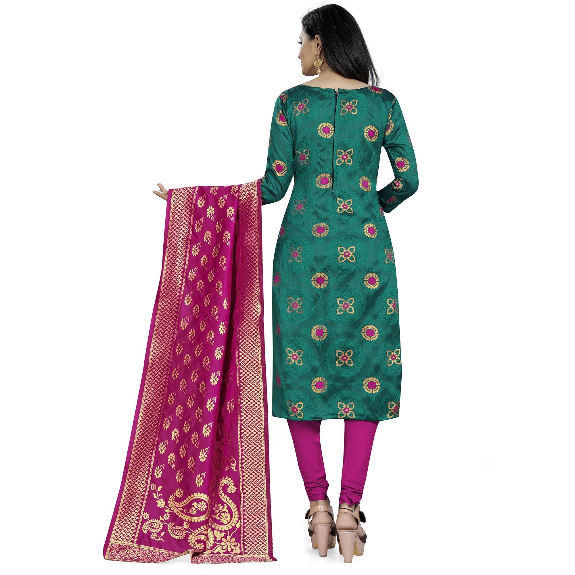 Teal Green Colored Party Wear Woven Banarasi Silk Dress Material - Peachmode