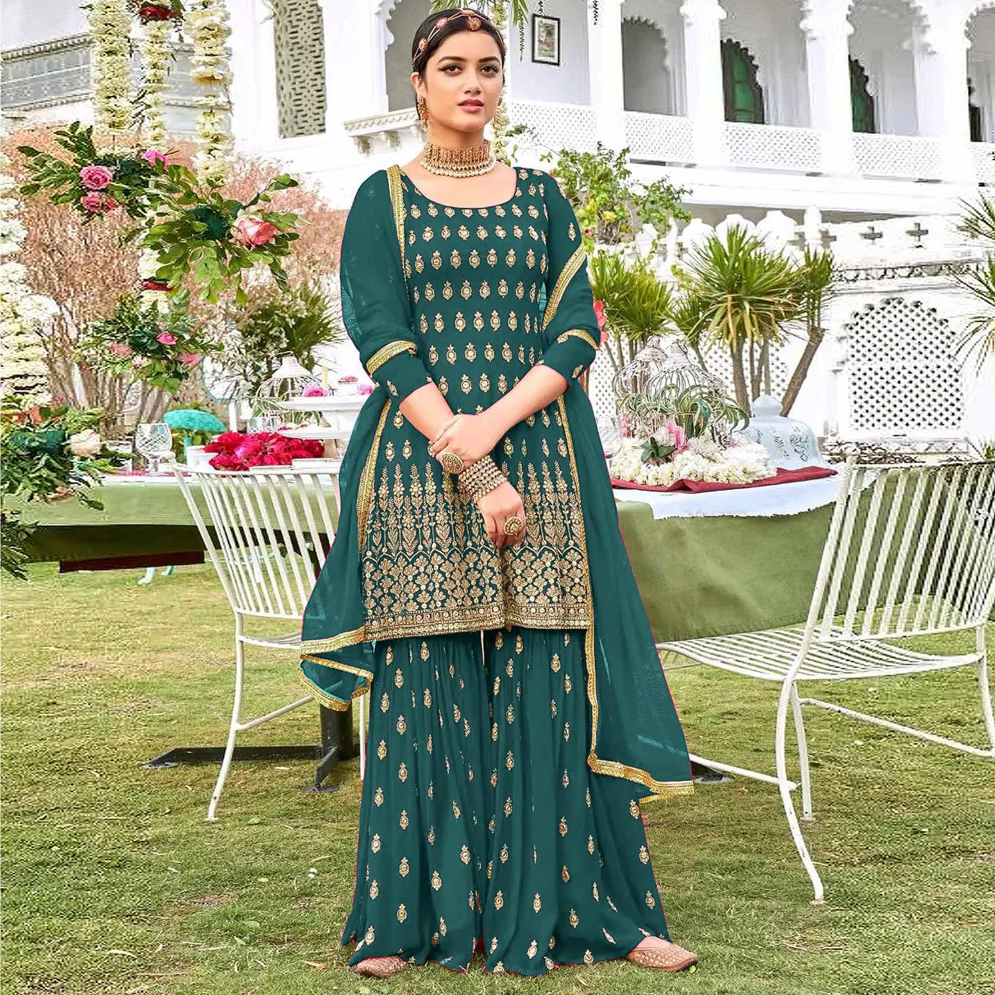 Teal Green Designer Floral Embroidered Heavy Georgette Partywear Suit - Peachmode