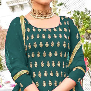 Teal Green Designer Floral Embroidered Heavy Georgette Partywear Suit - Peachmode