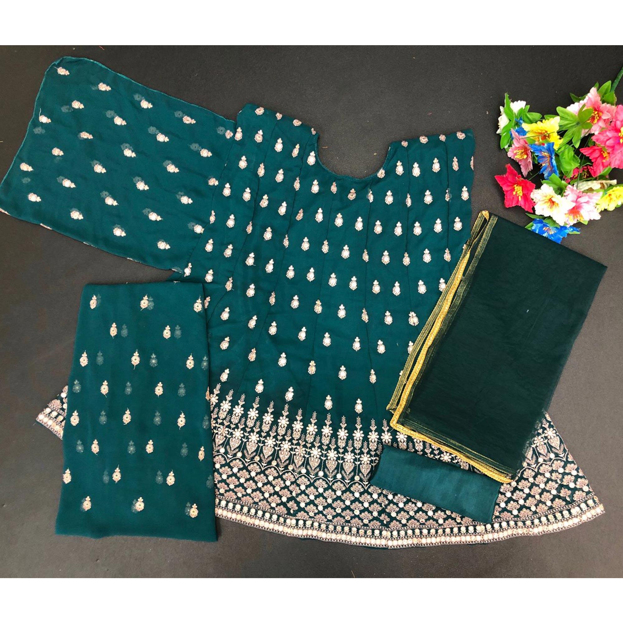 Teal Green Designer Floral Embroidered Heavy Georgette Partywear Suit - Peachmode