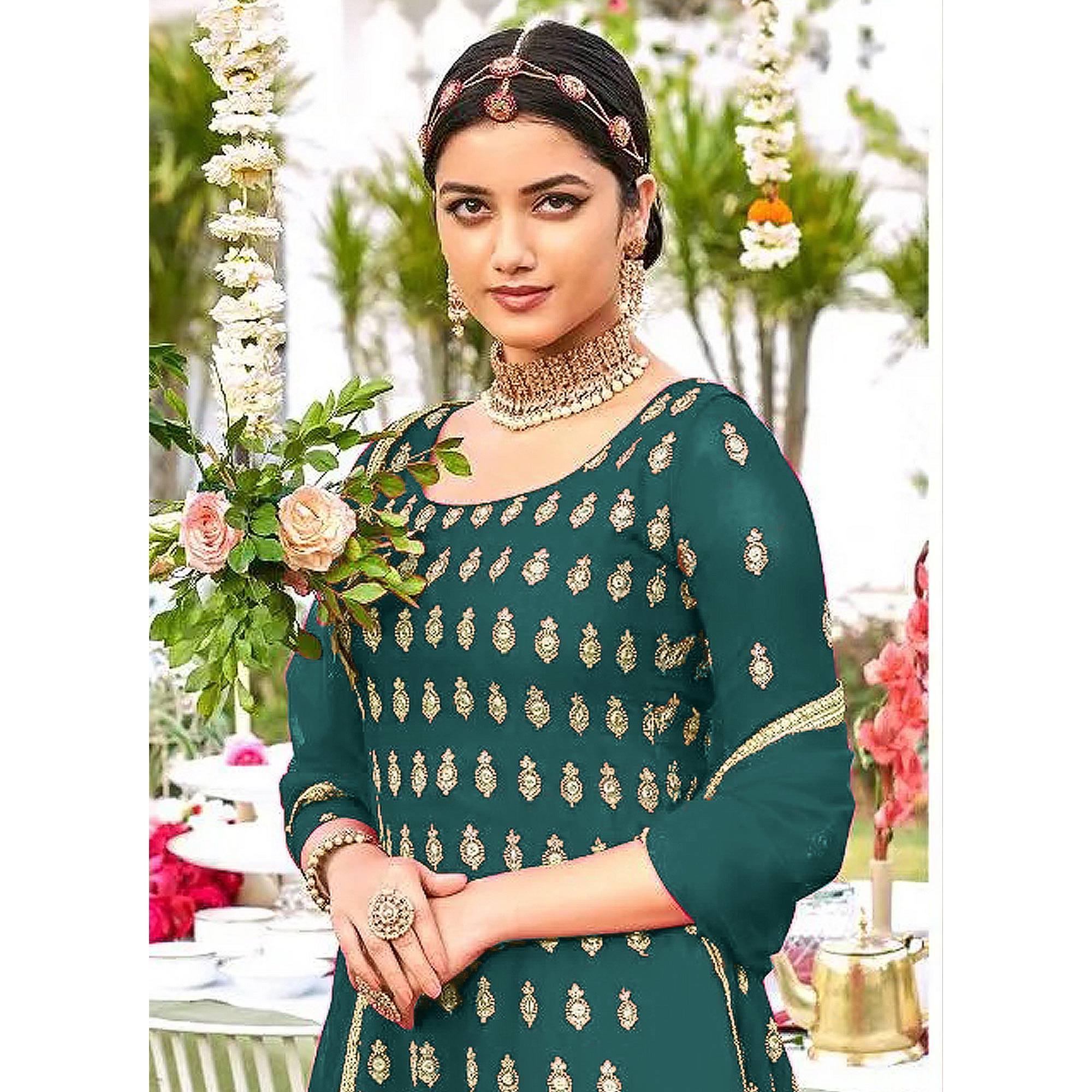 Teal Green Designer Floral Embroidered Heavy Georgette Partywear Suit - Peachmode