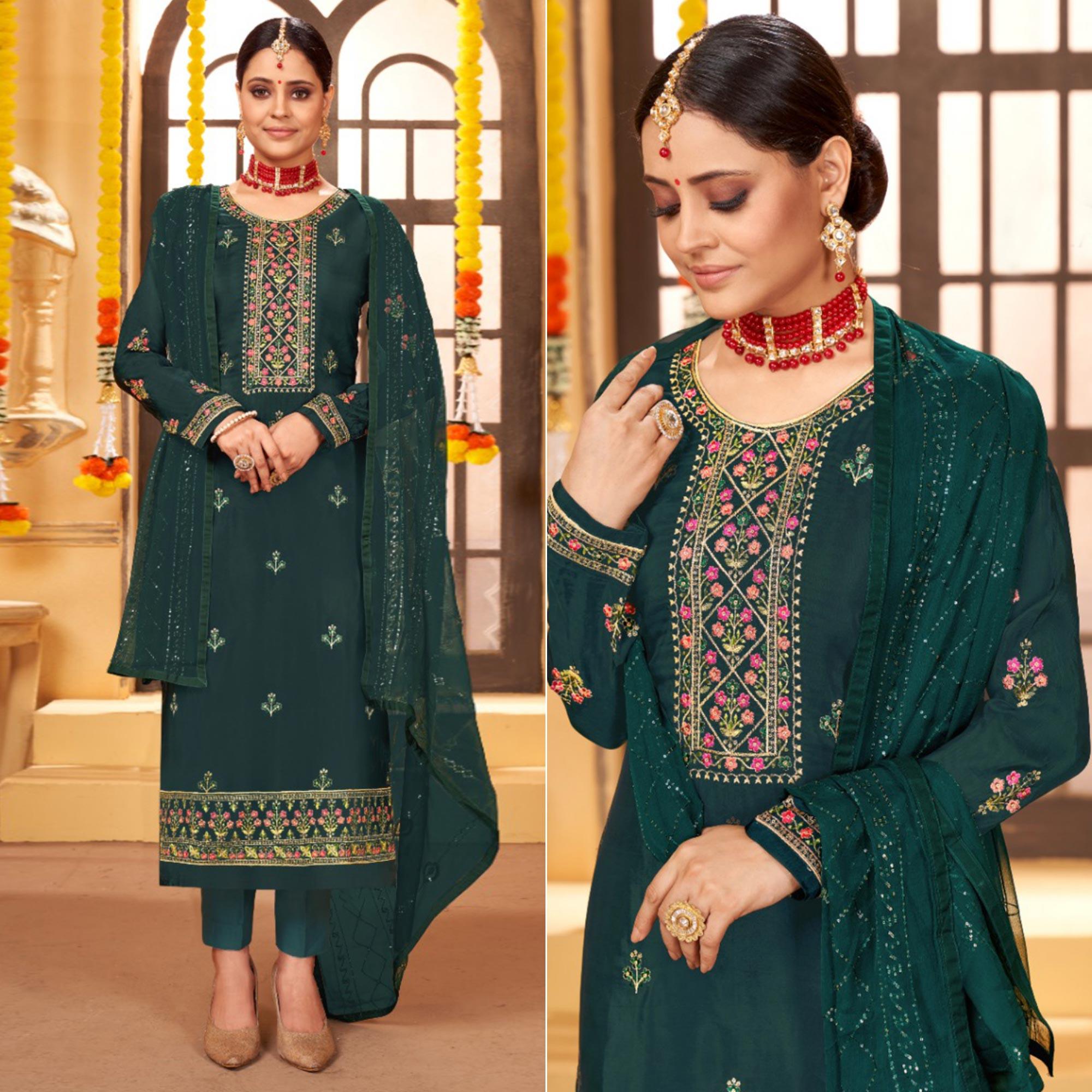 Teal Green Embroidered Art Silk Salwar Suit - Peachmode