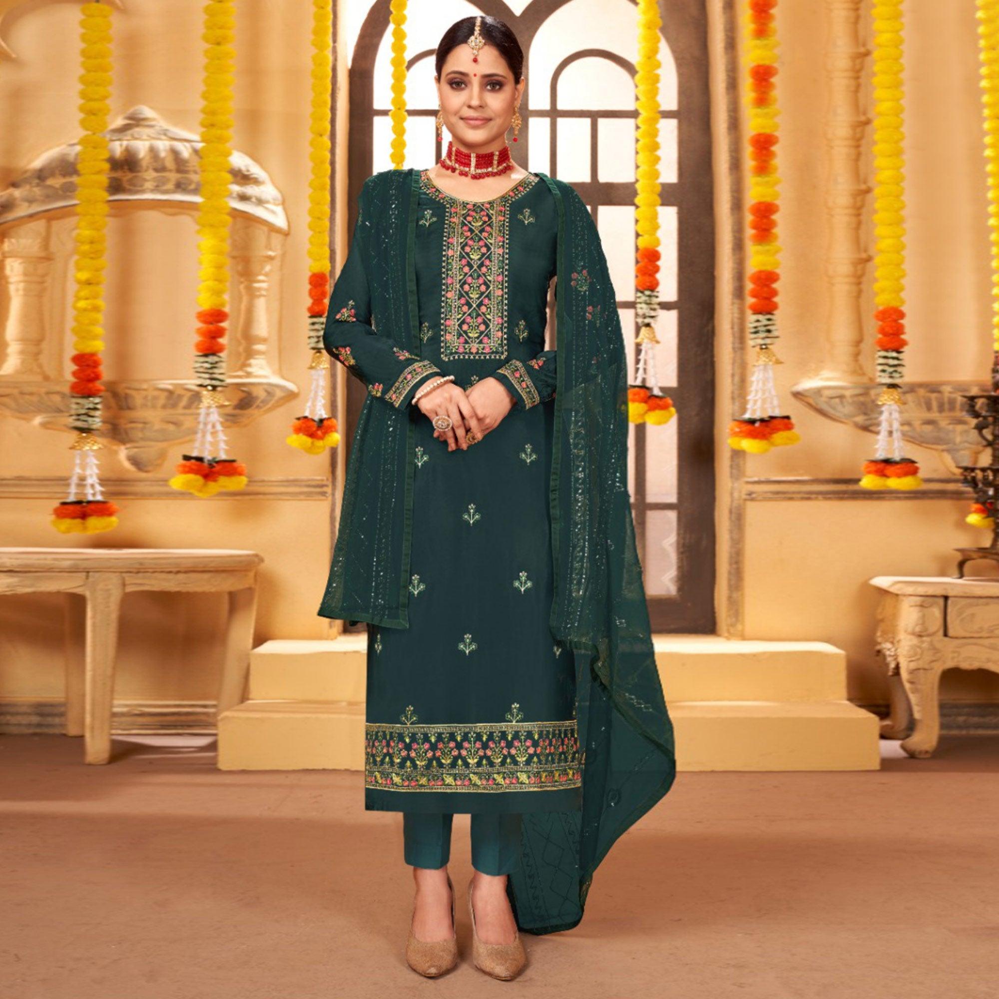 Teal Green Embroidered Art Silk Salwar Suit - Peachmode