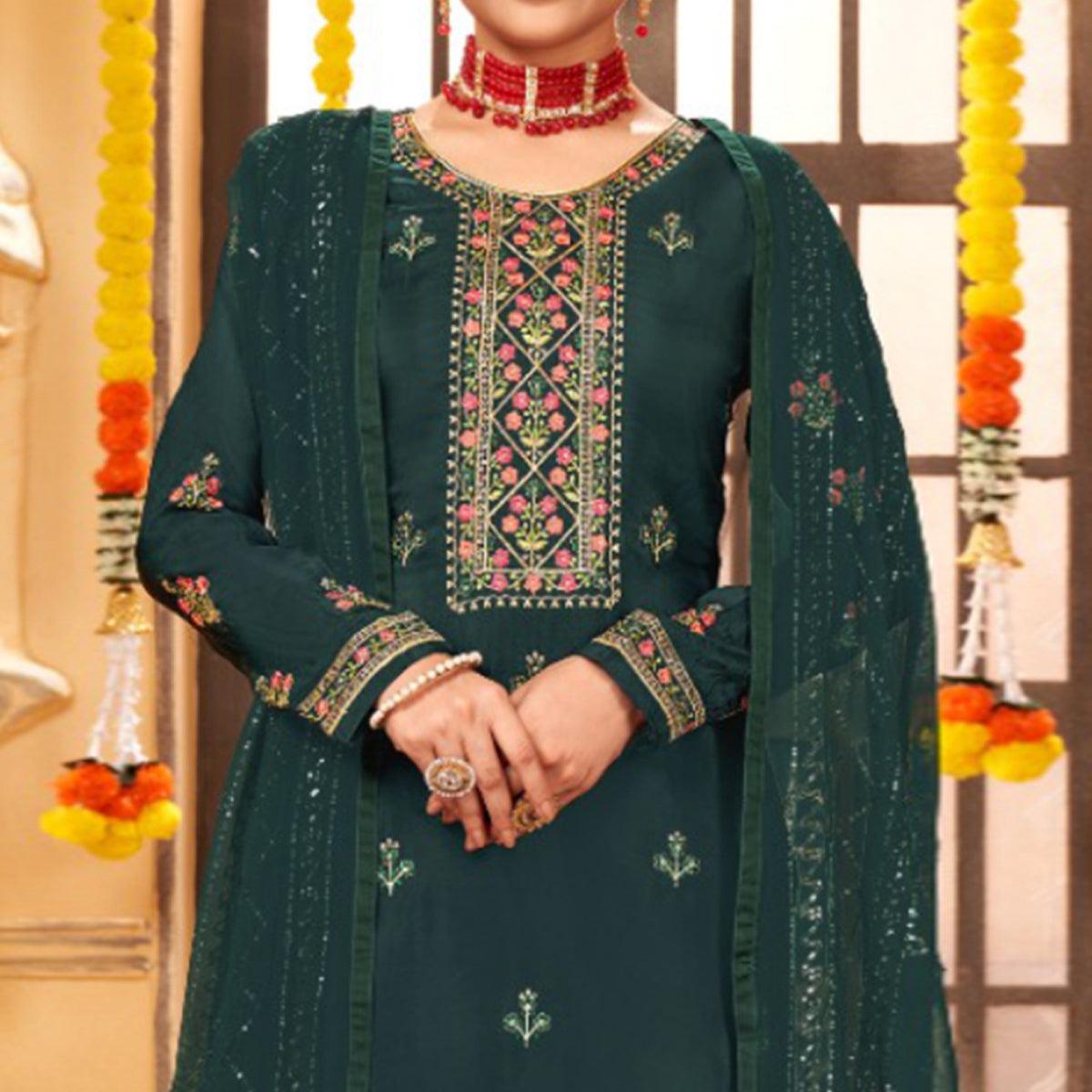 Teal Green Embroidered Art Silk Salwar Suit - Peachmode