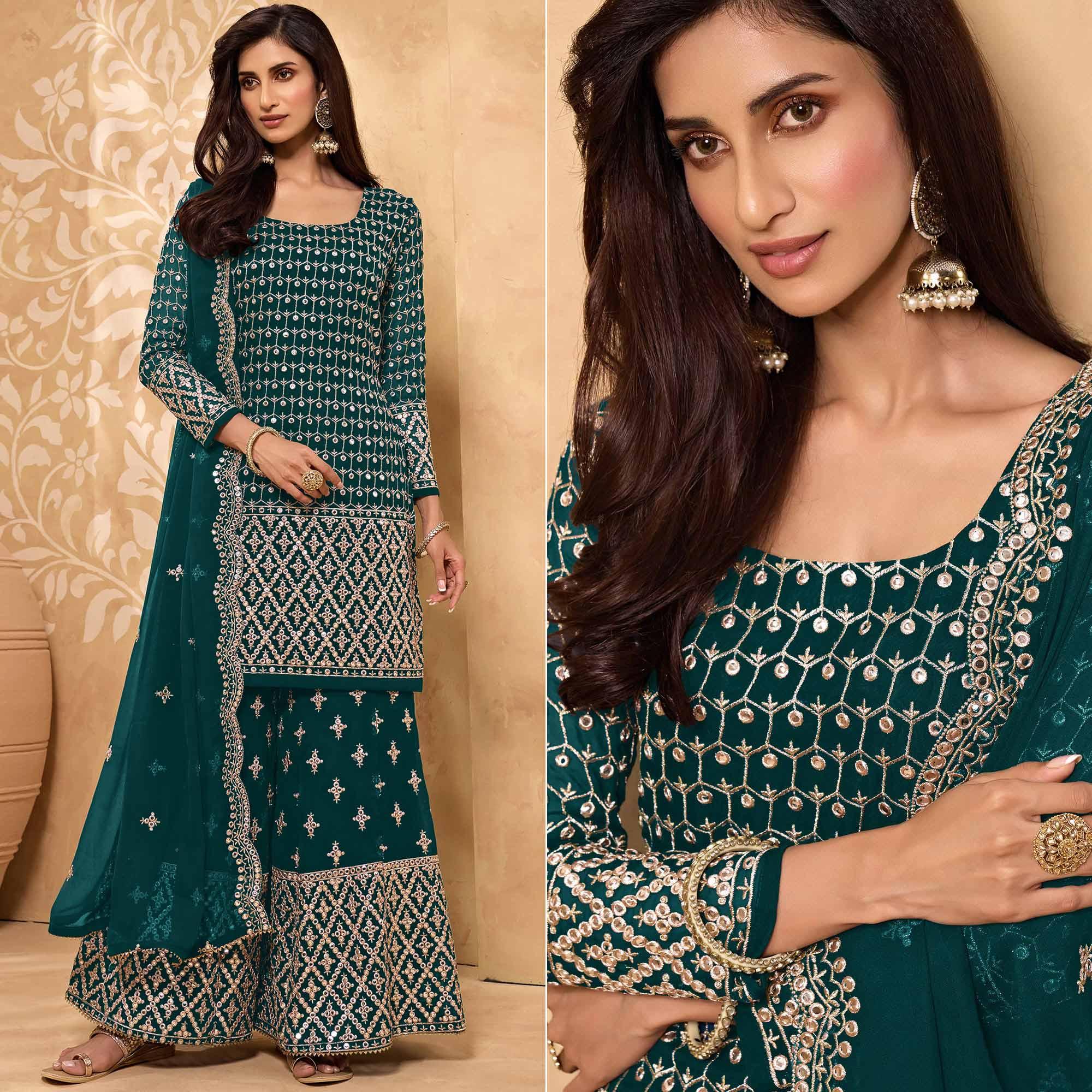 Teal Green Embroidered-Embellished Georgette Sharara Suit - Peachmode