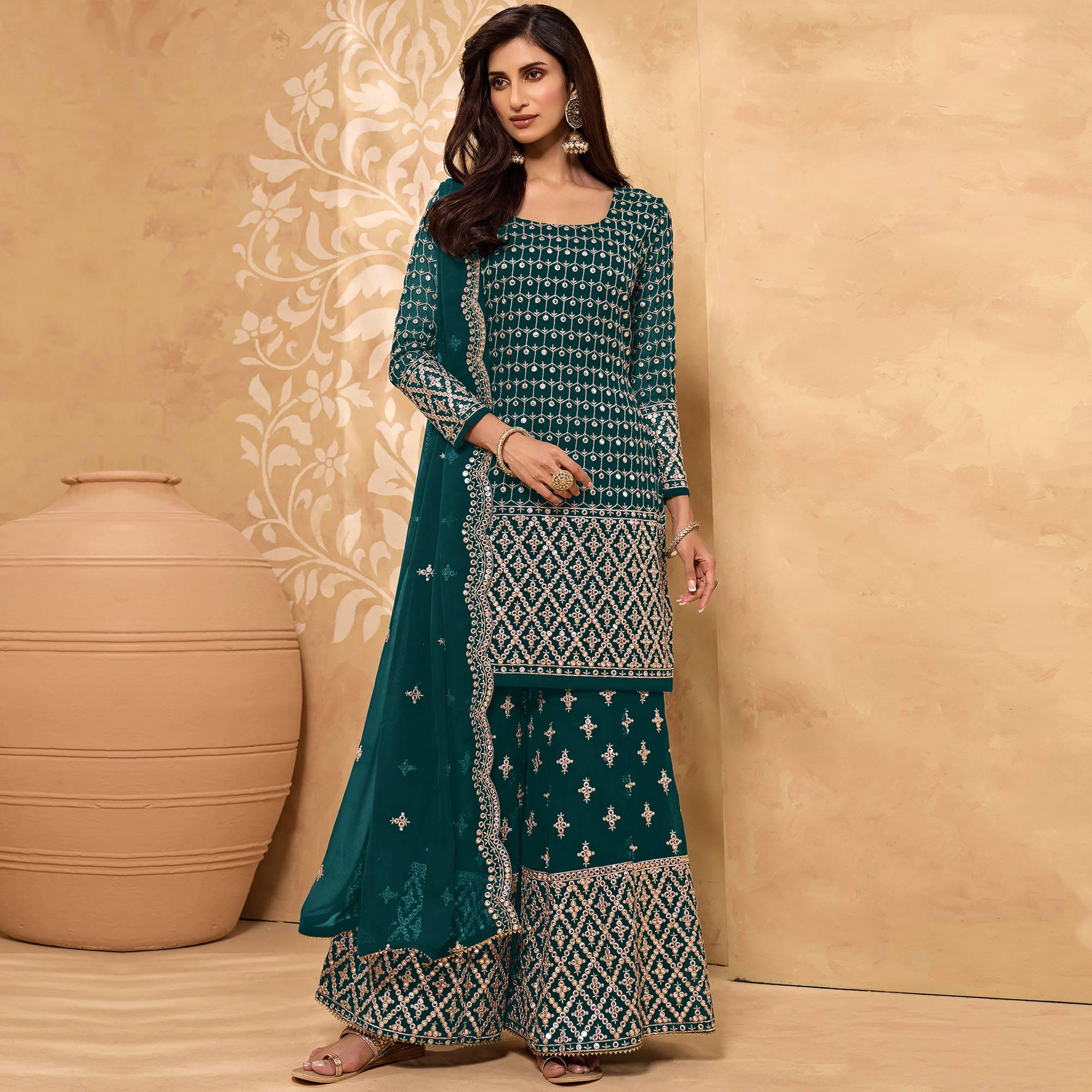 Teal Green Embroidered-Embellished Georgette Sharara Suit - Peachmode