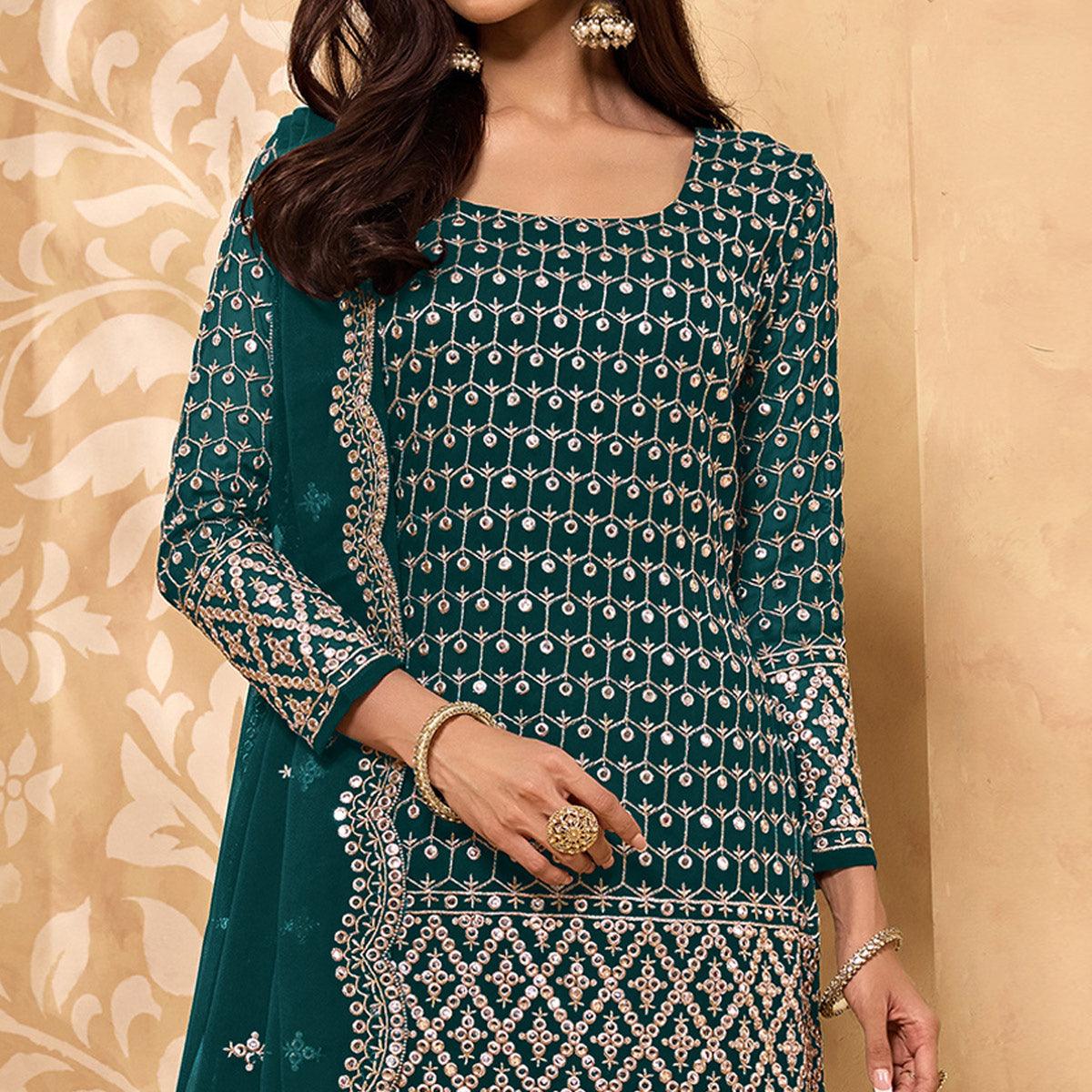 Teal Green Embroidered-Embellished Georgette Sharara Suit - Peachmode