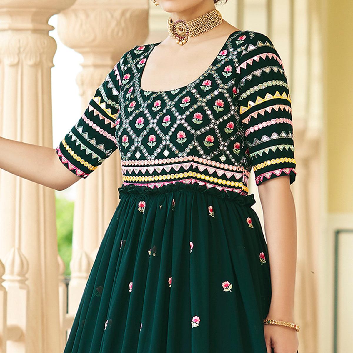 Teal Green Embroidered Georgette Gown - Peachmode