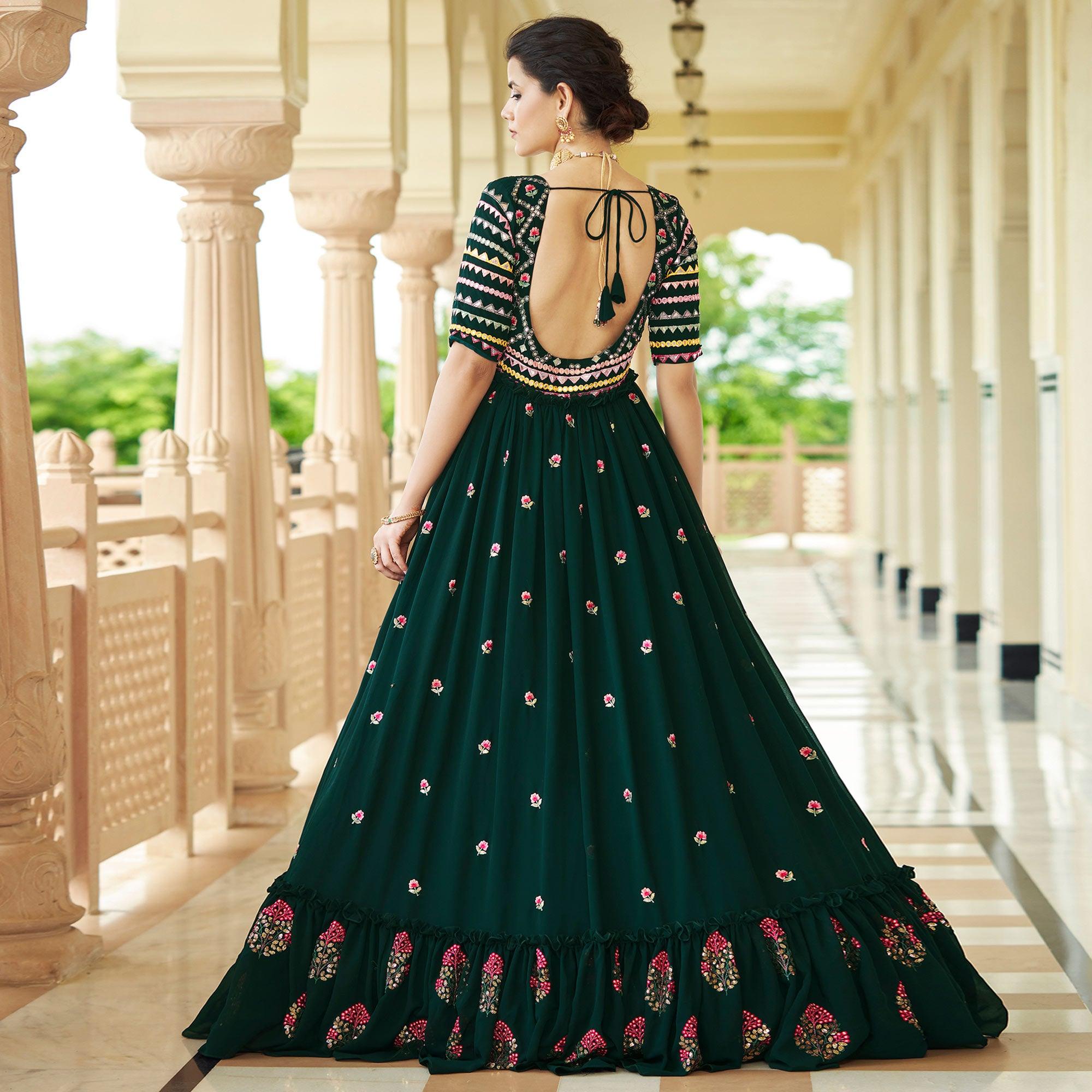 Teal Green Embroidered Georgette Gown - Peachmode