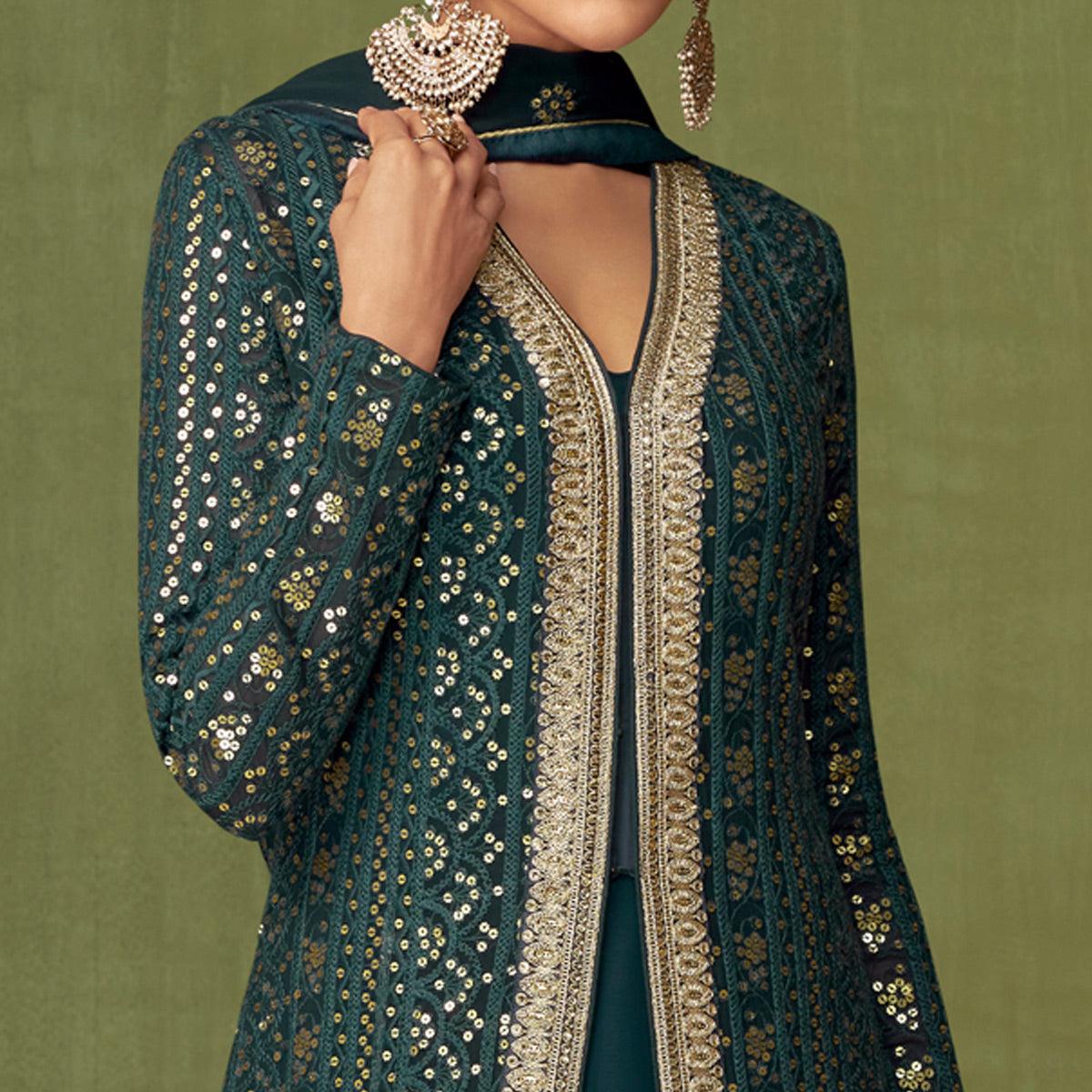 Teal Green Embroidered Georgette Gown - Peachmode