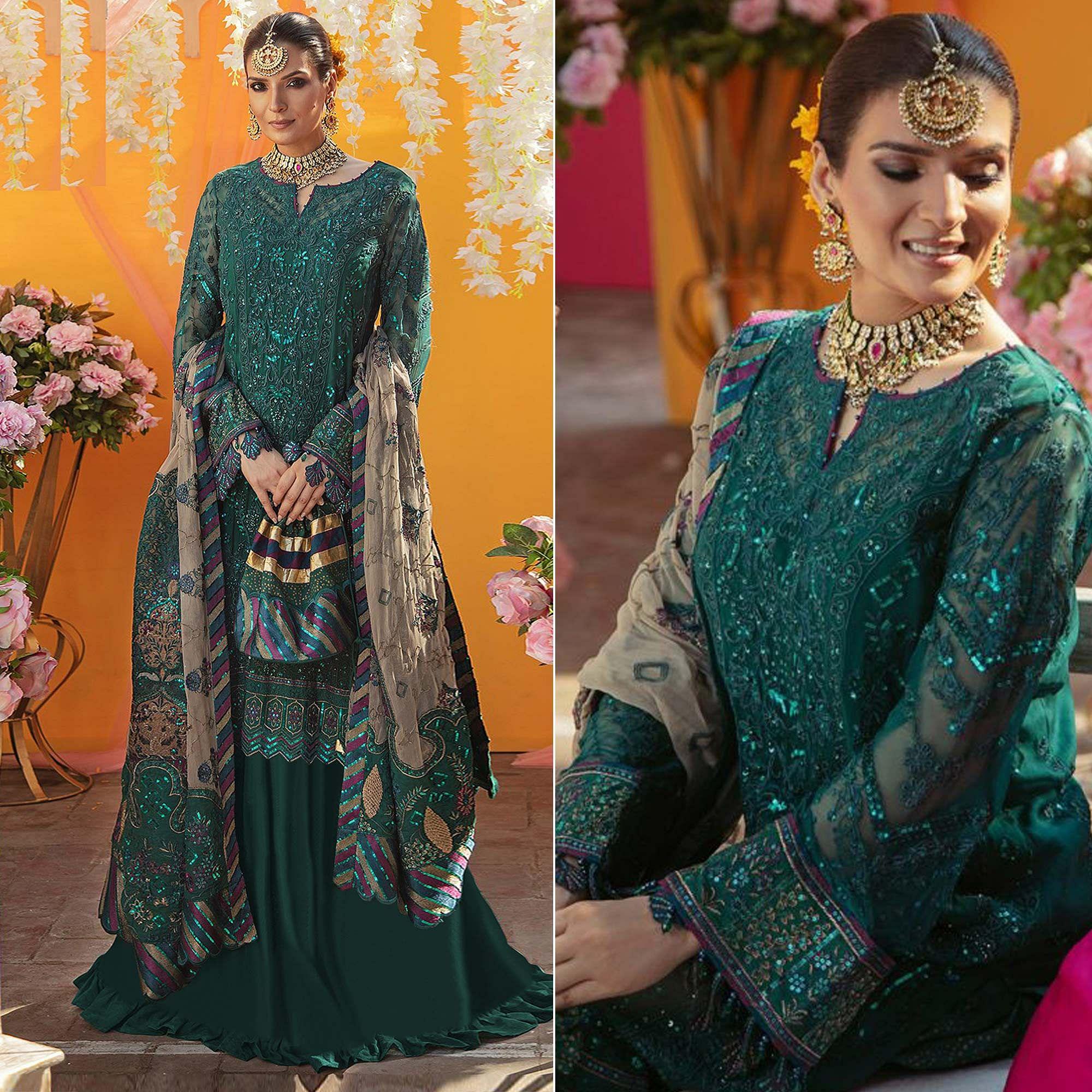 Teal Green Embroidered Georgette Suit - Peachmode