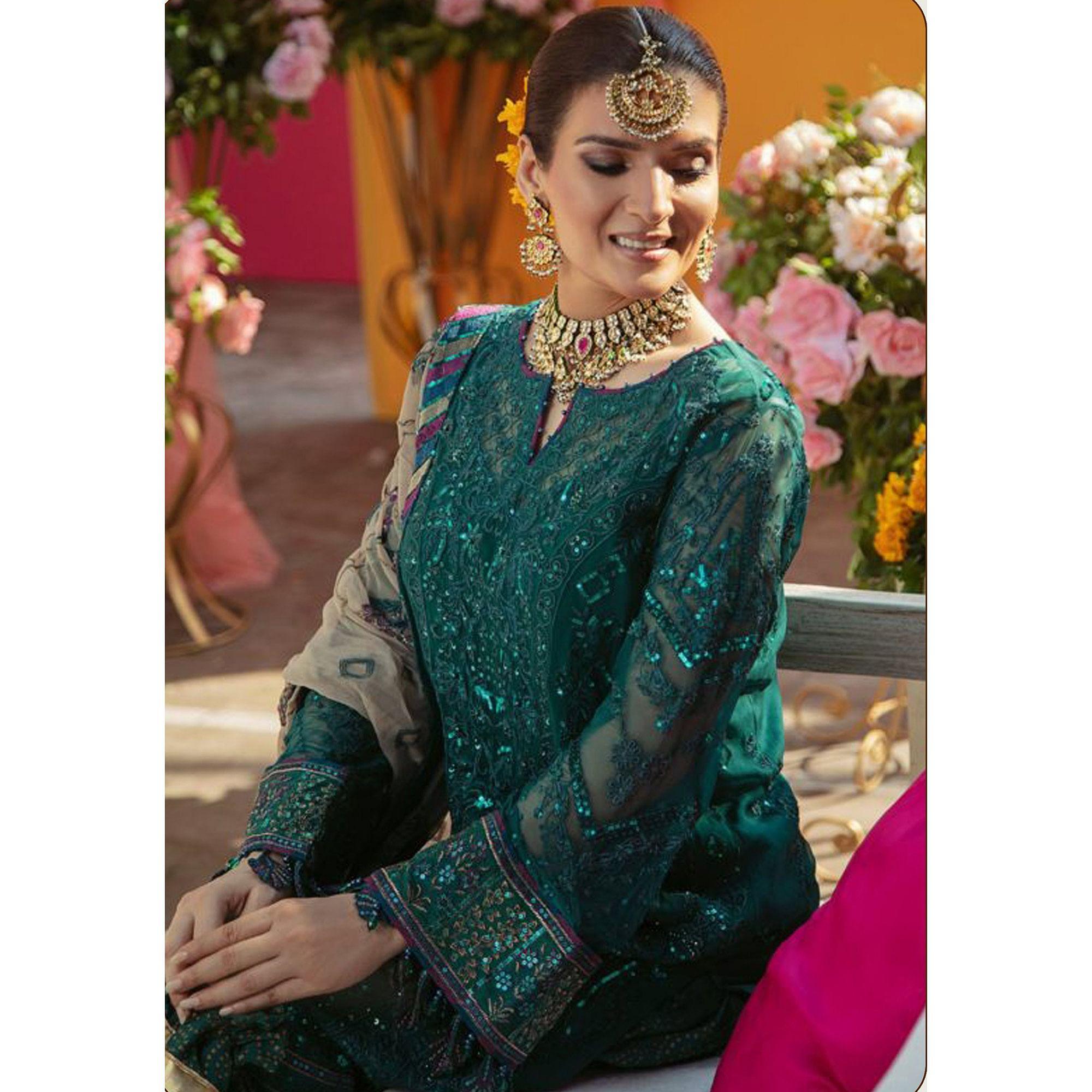 Teal Green Embroidered Georgette Suit - Peachmode