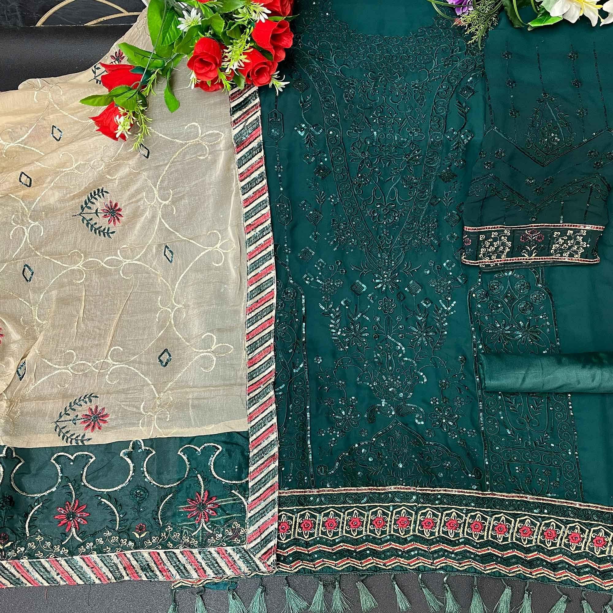 Teal Green Embroidered Georgette Suit - Peachmode