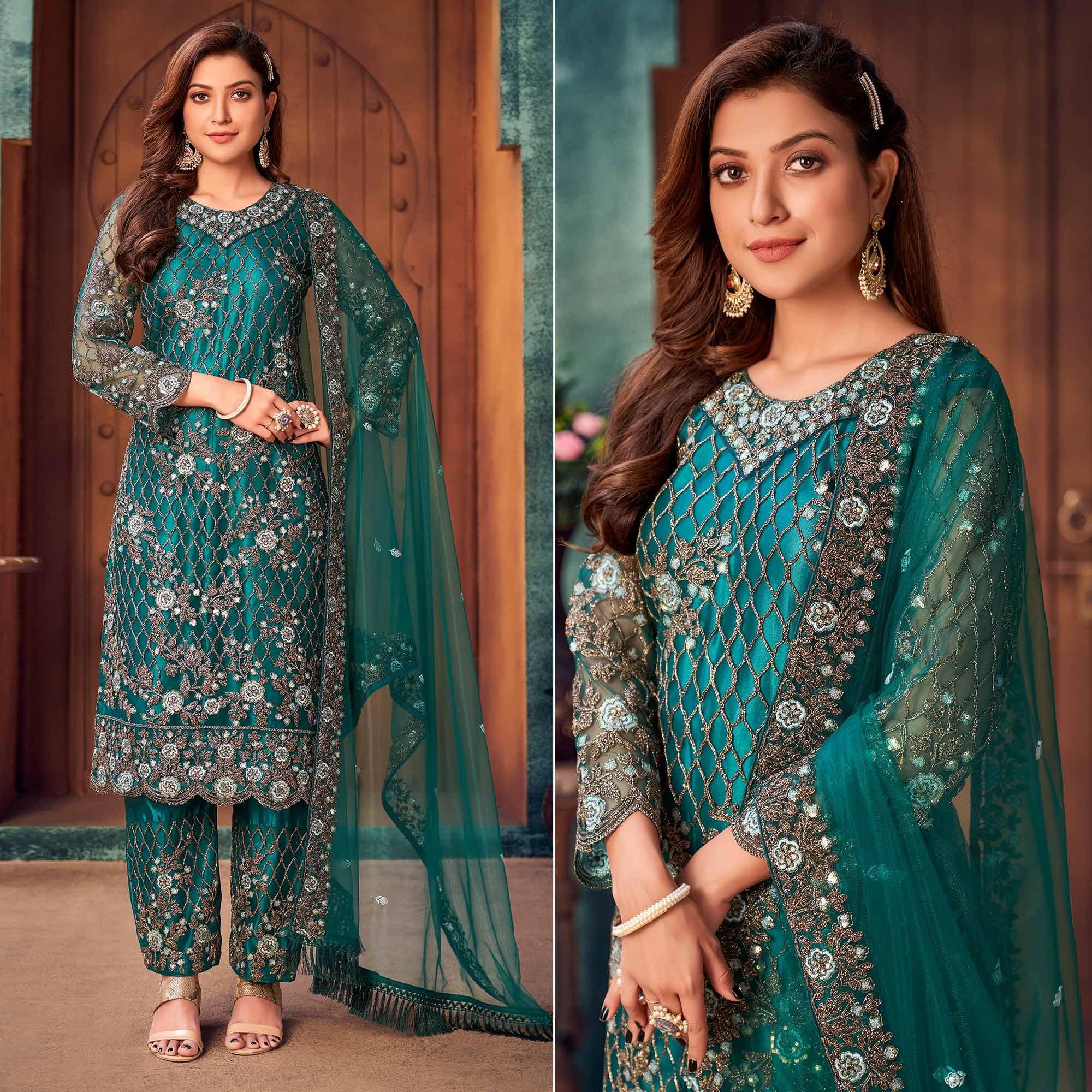 Teal Green Embroidered Netted Pakistani Suit - Peachmode