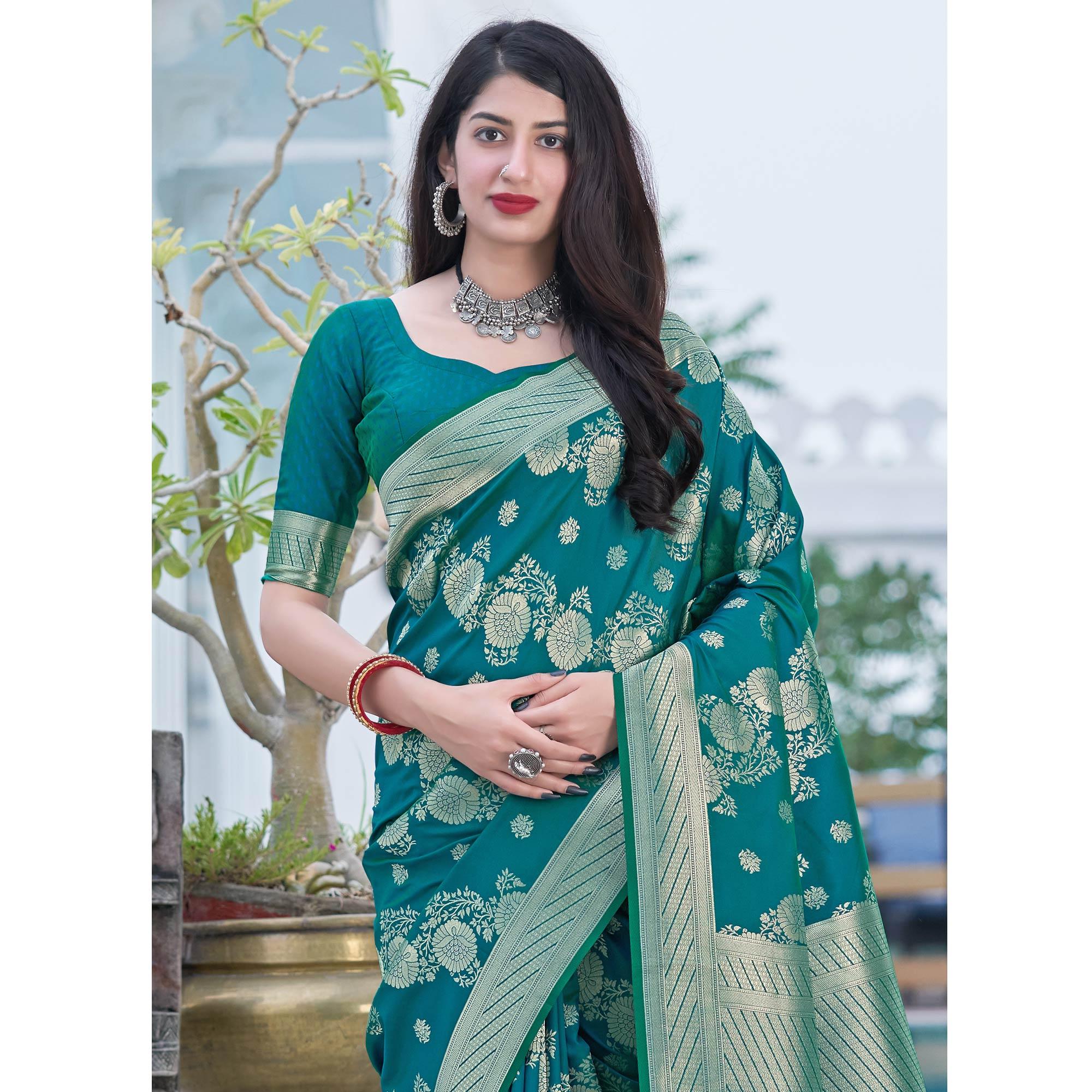 Teal Green Festive Wear Designer Woven Silk Saree - Peachmode