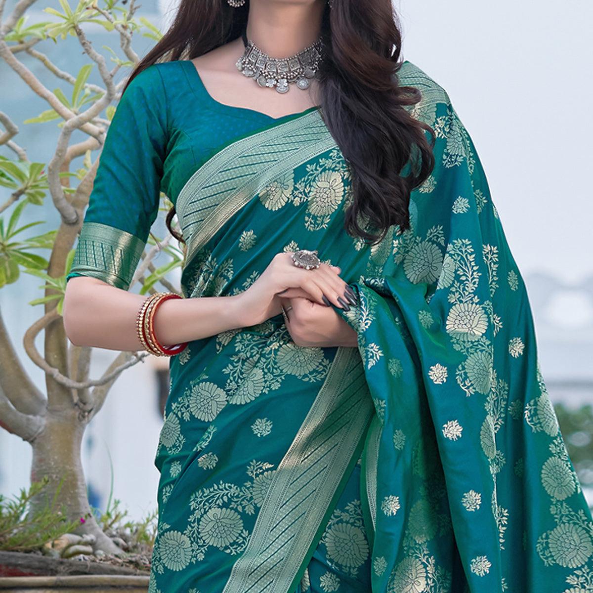 Teal Green Festive Wear Designer Woven Silk Saree - Peachmode