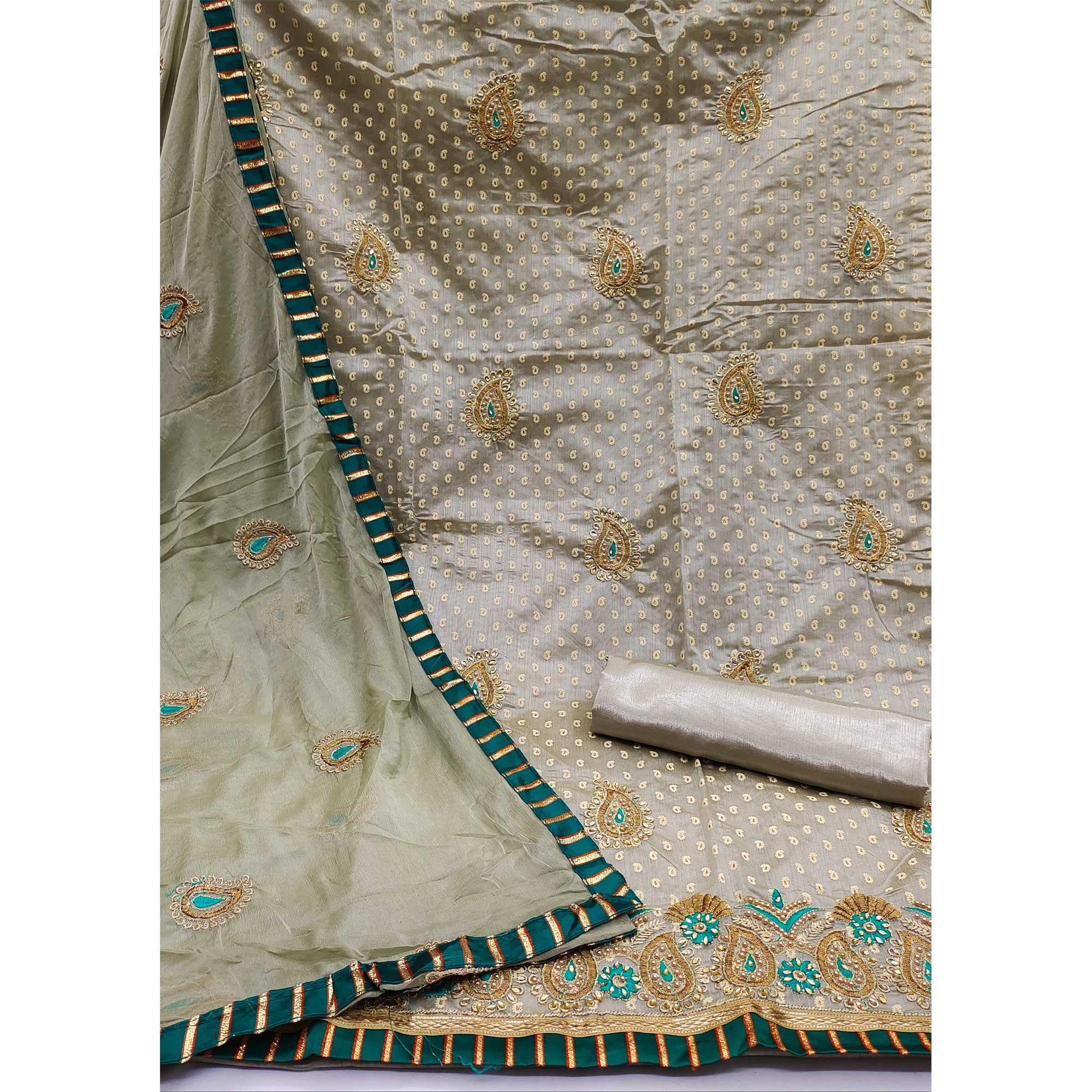 Teal Green Festive Wear Embroidered Fancy Dress Material - Peachmode