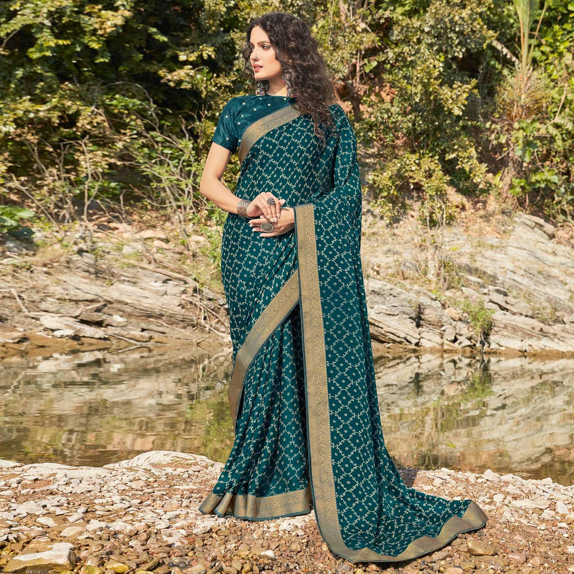 Teal Green Festive Wear Printed Silk Saree - Peachmode