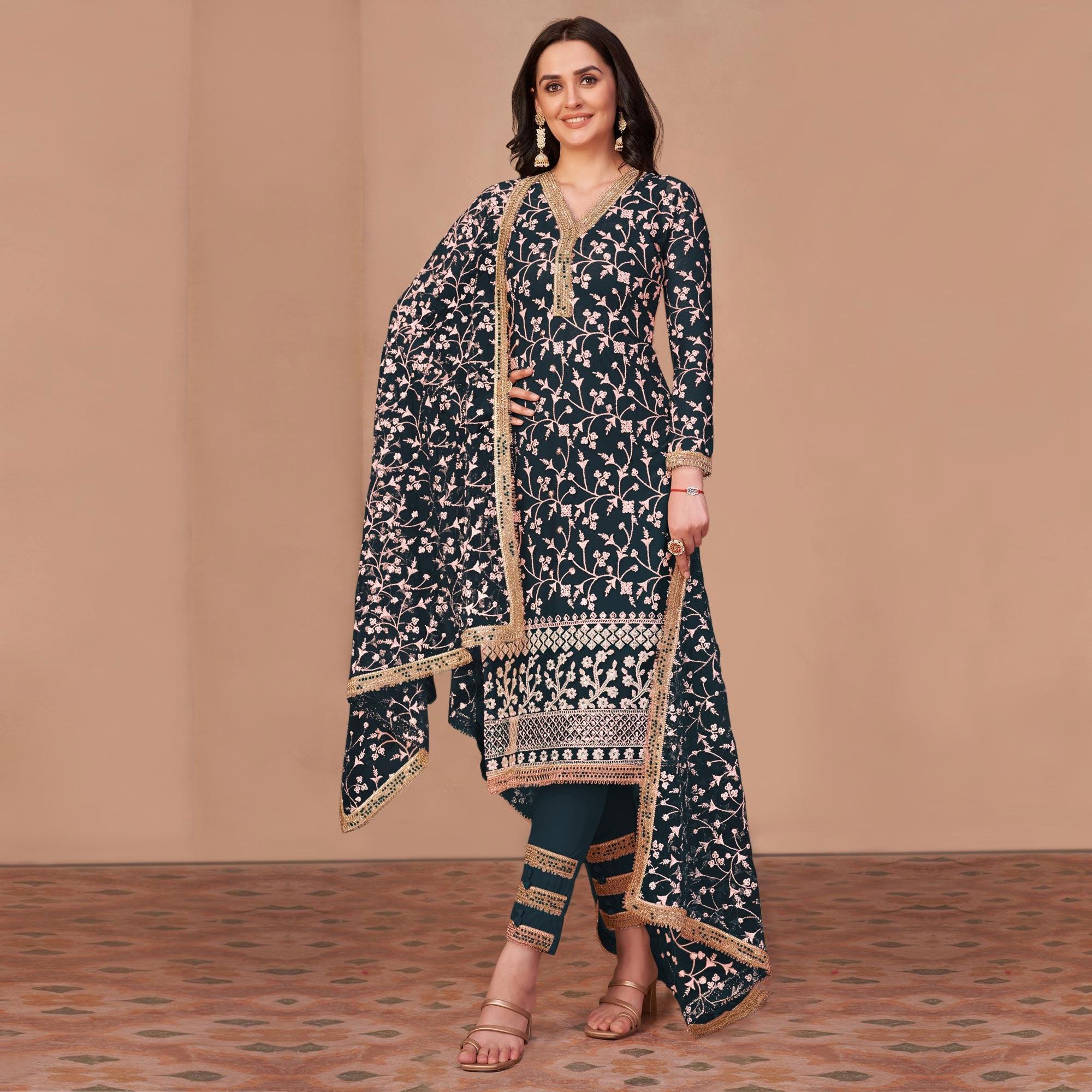 Teal Green Floral Embroidered Netted Suit - Peachmode