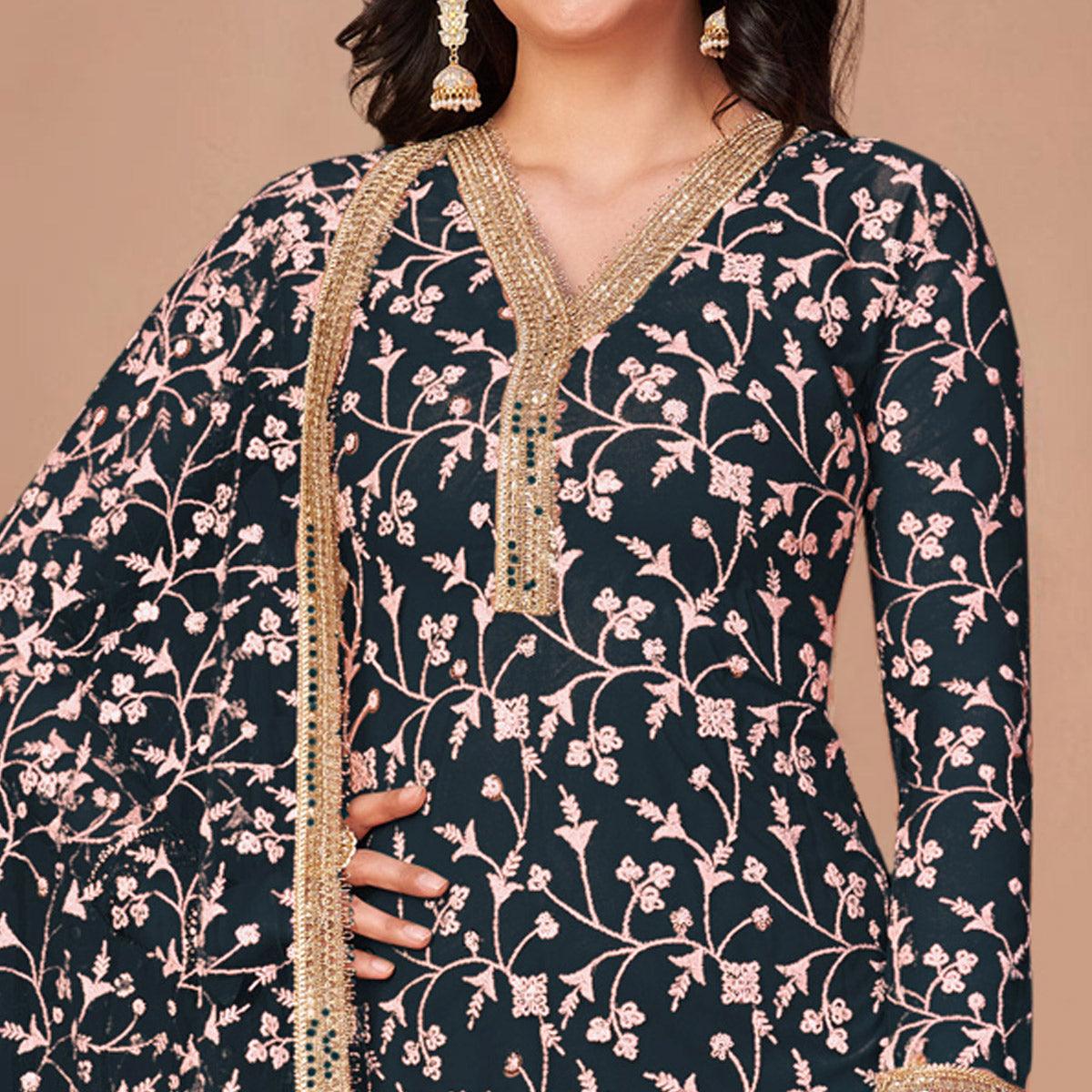 Teal Green Floral Embroidered Netted Suit - Peachmode