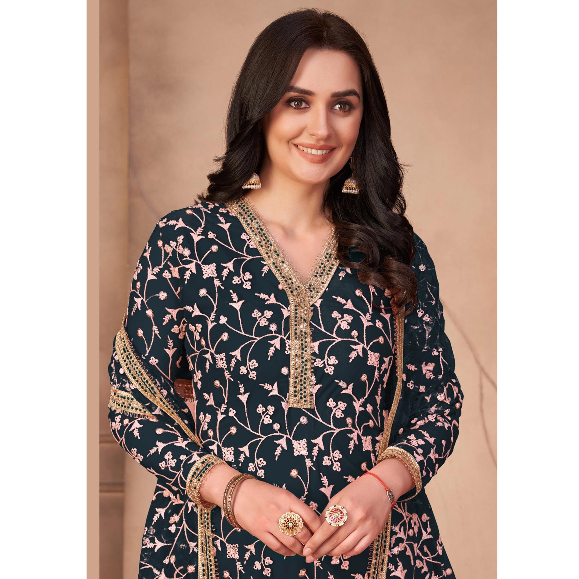 Teal Green Floral Embroidered Netted Suit - Peachmode