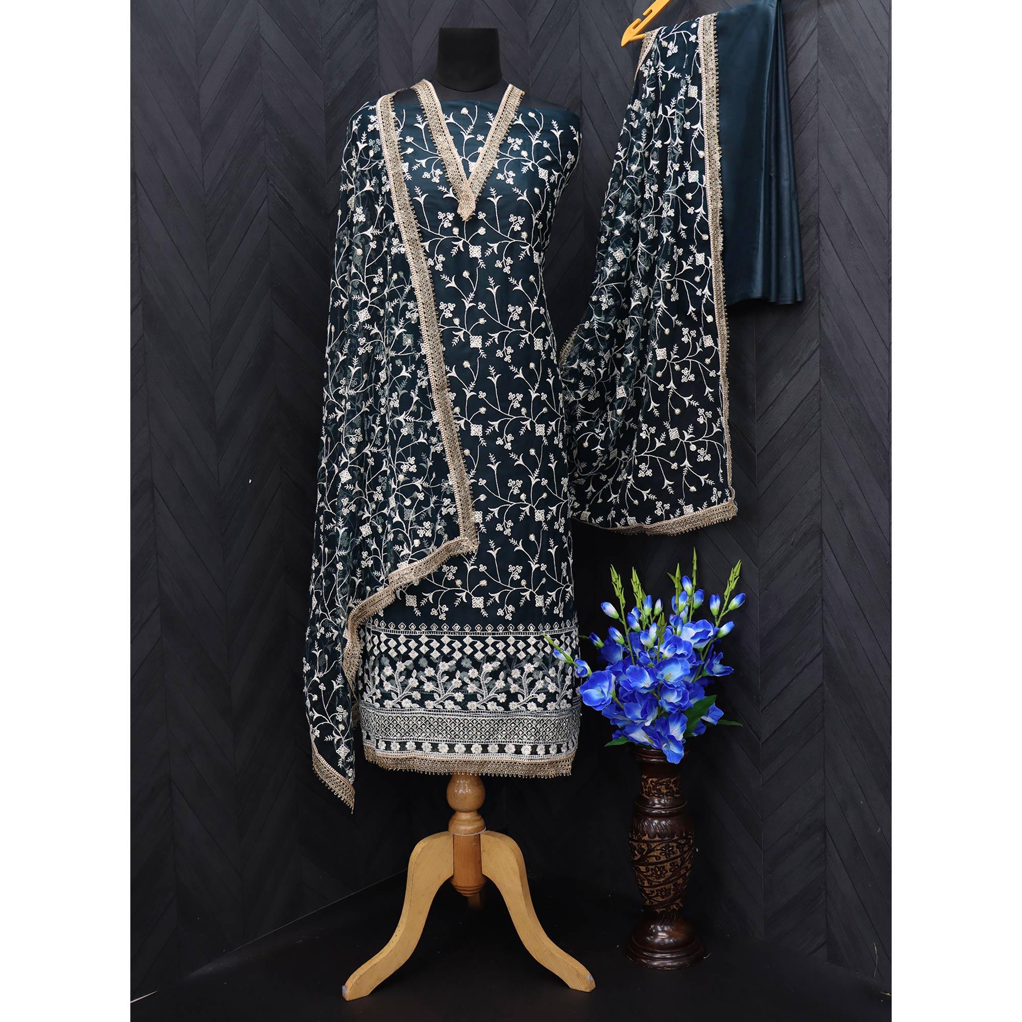Teal Green Floral Embroidered Netted Suit - Peachmode