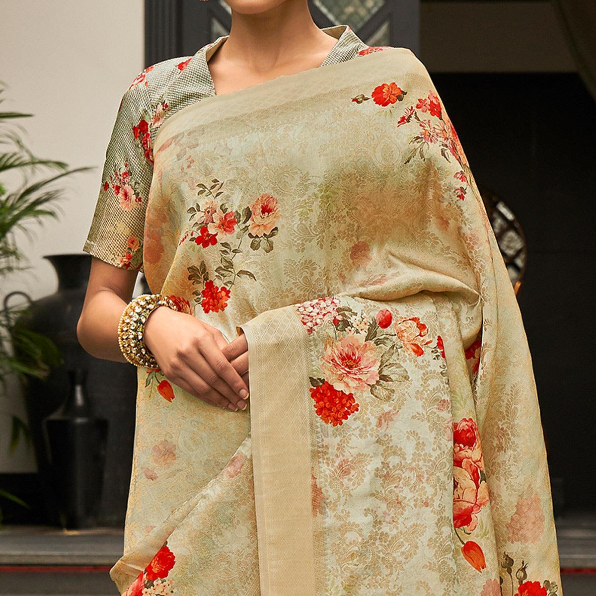 Teal Green Partywear Digital Printed Silk Saree - Peachmode