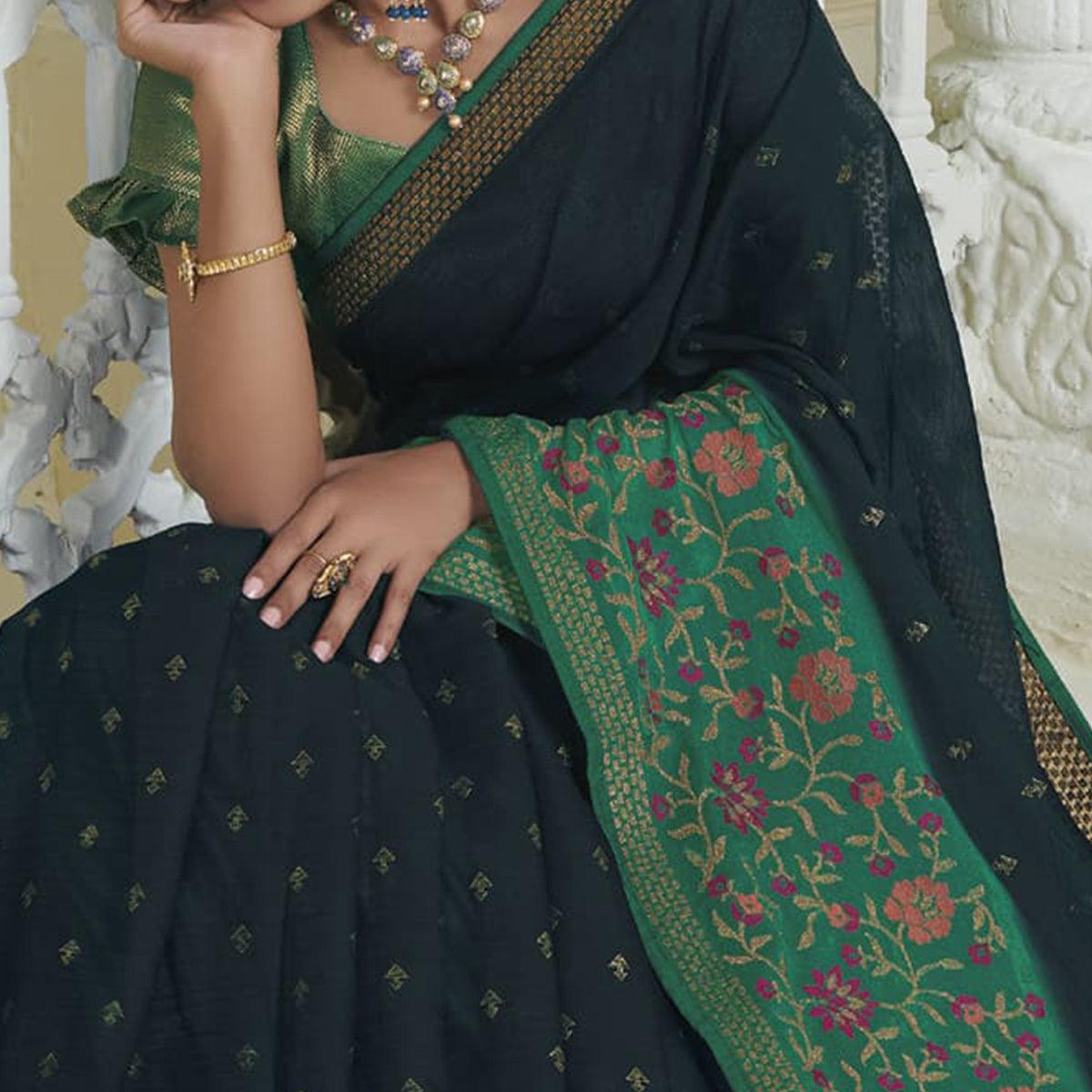Teal Green Partywear Embroidered Chiffon Saree - Peachmode