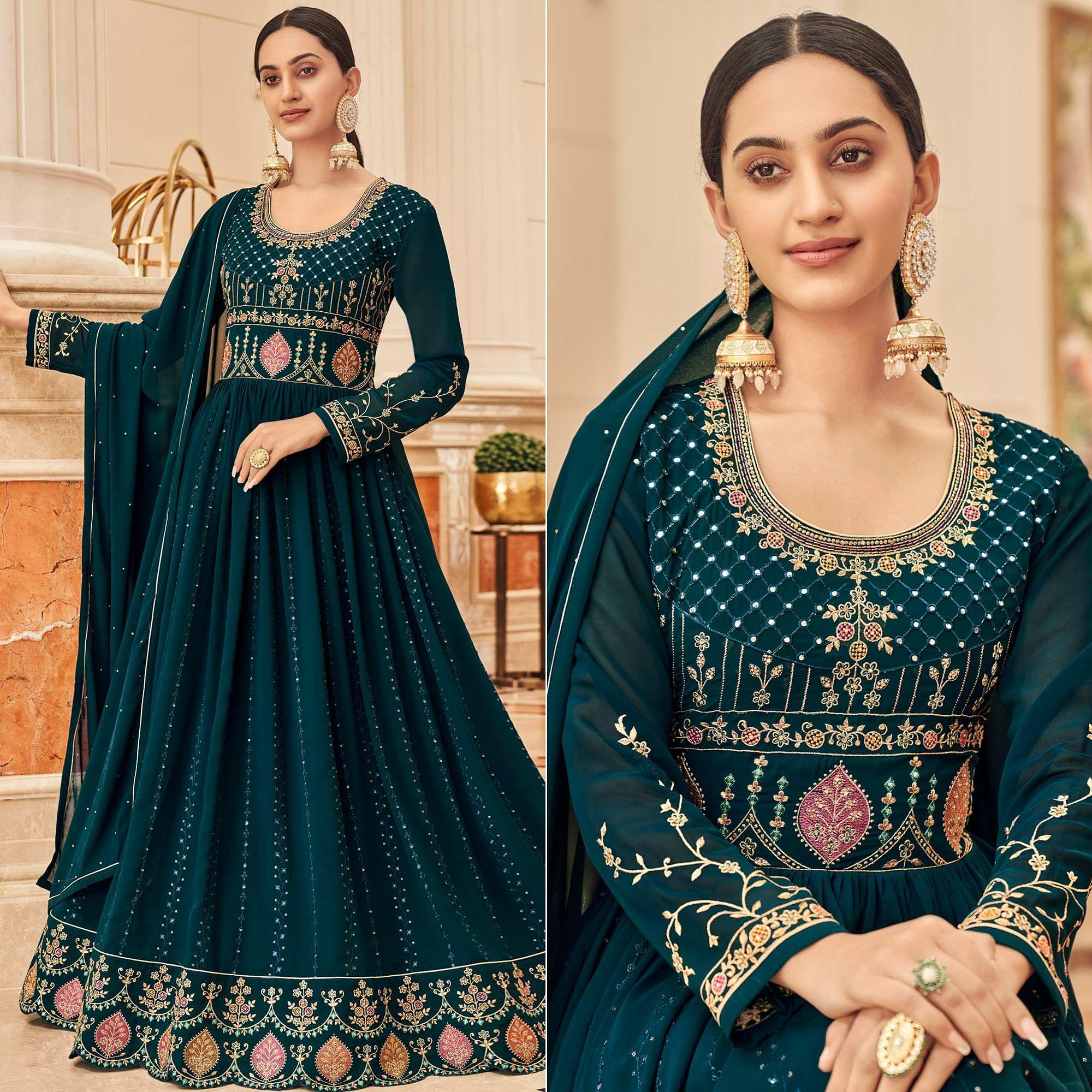 Teal Green Partywear Embroidered Georgette Gown - Peachmode