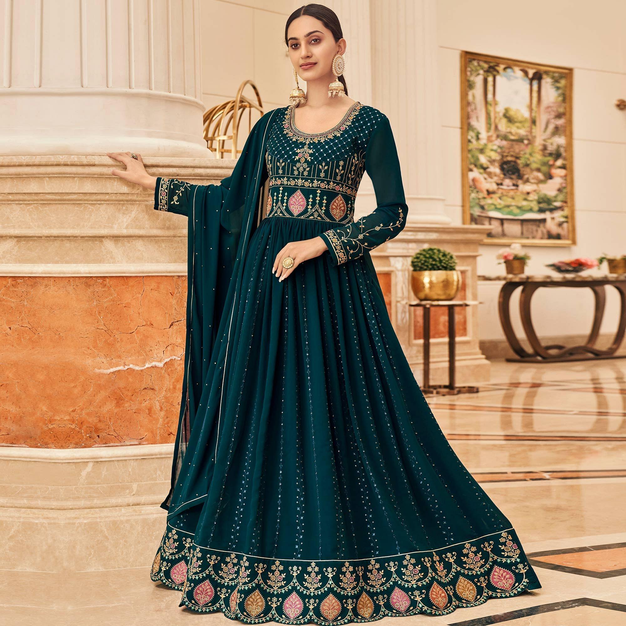 Teal Green Partywear Embroidered Georgette Gown - Peachmode