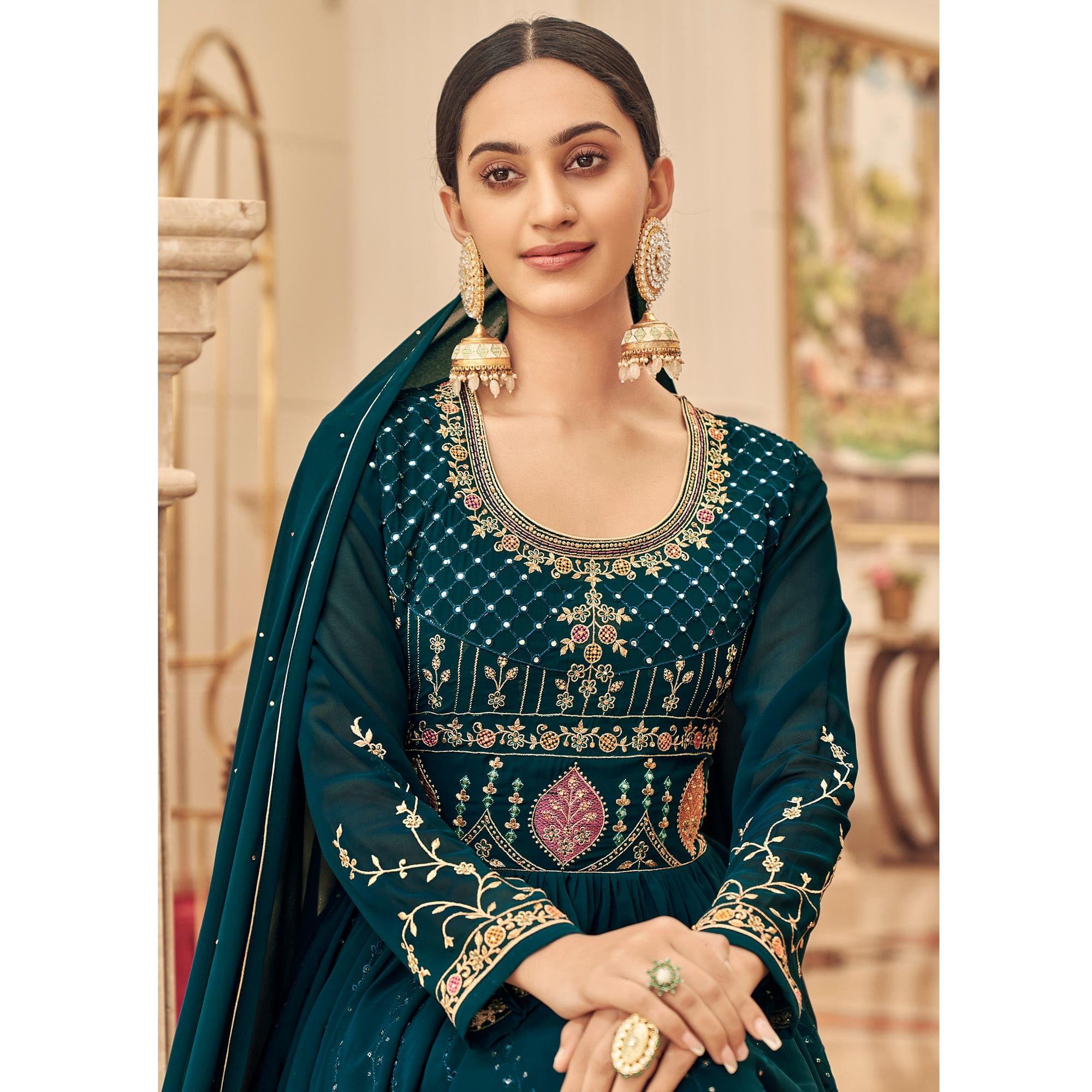 Teal Green Partywear Embroidered Georgette Gown - Peachmode
