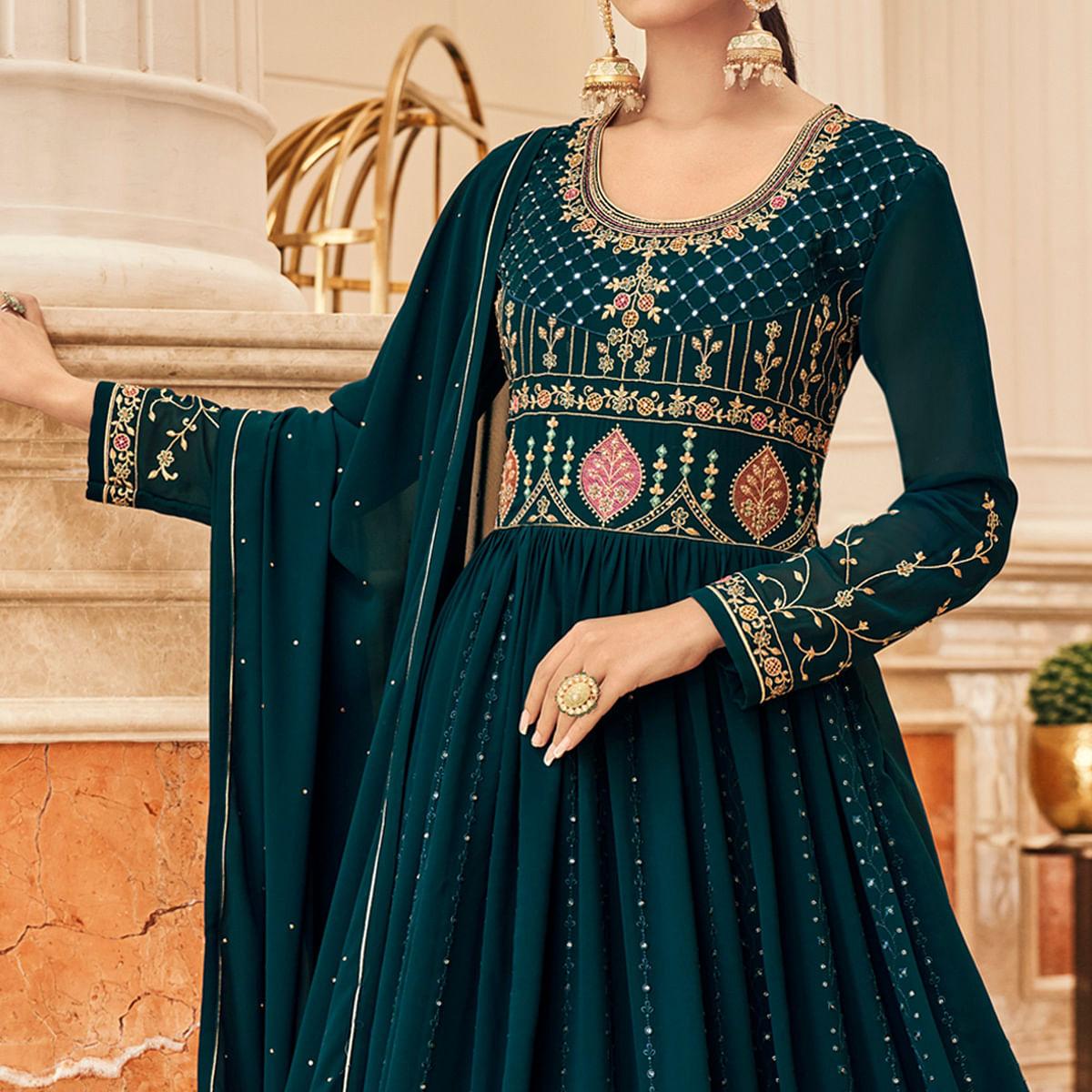 Teal Green Partywear Embroidered Georgette Gown - Peachmode