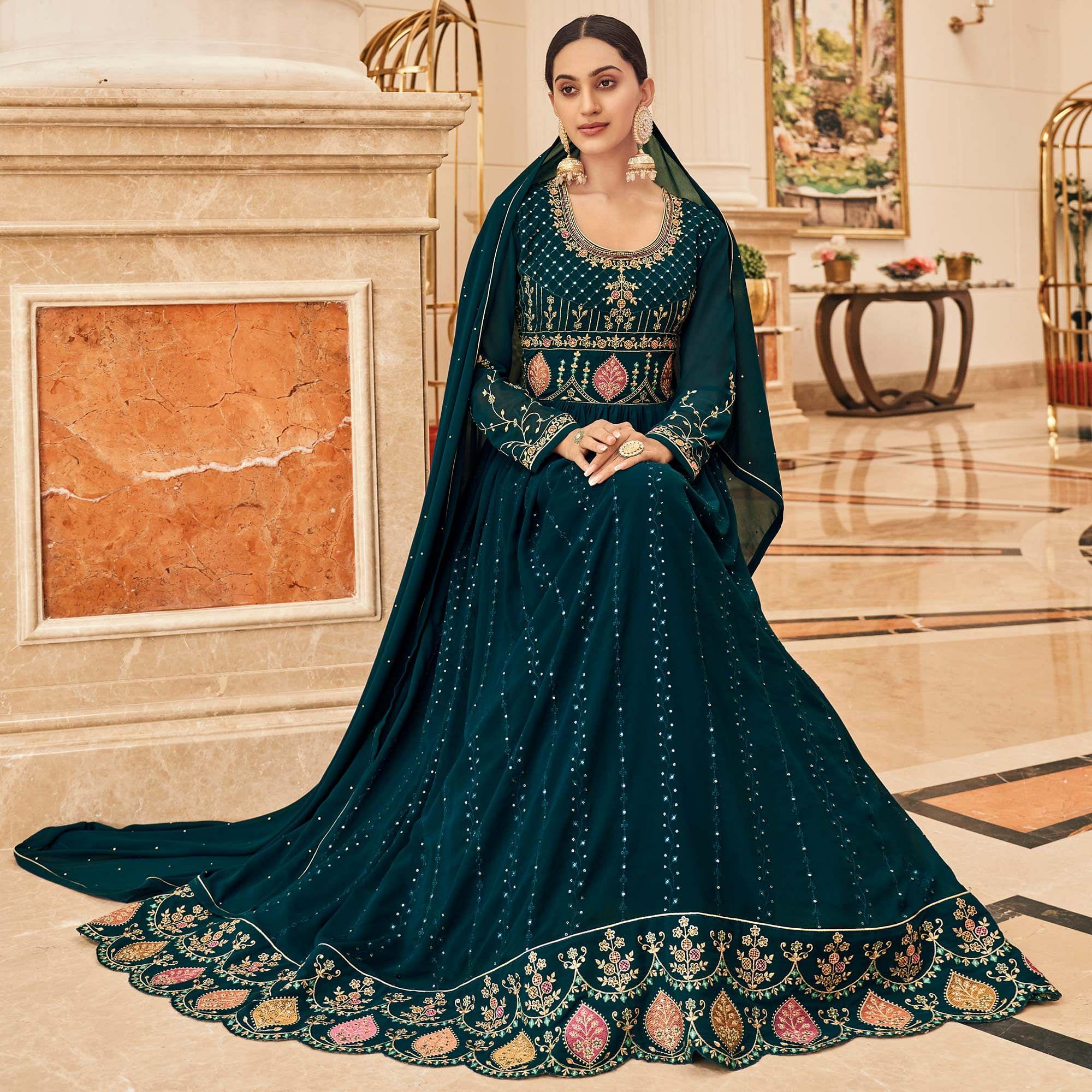 Teal Green Partywear Embroidered Georgette Gown - Peachmode